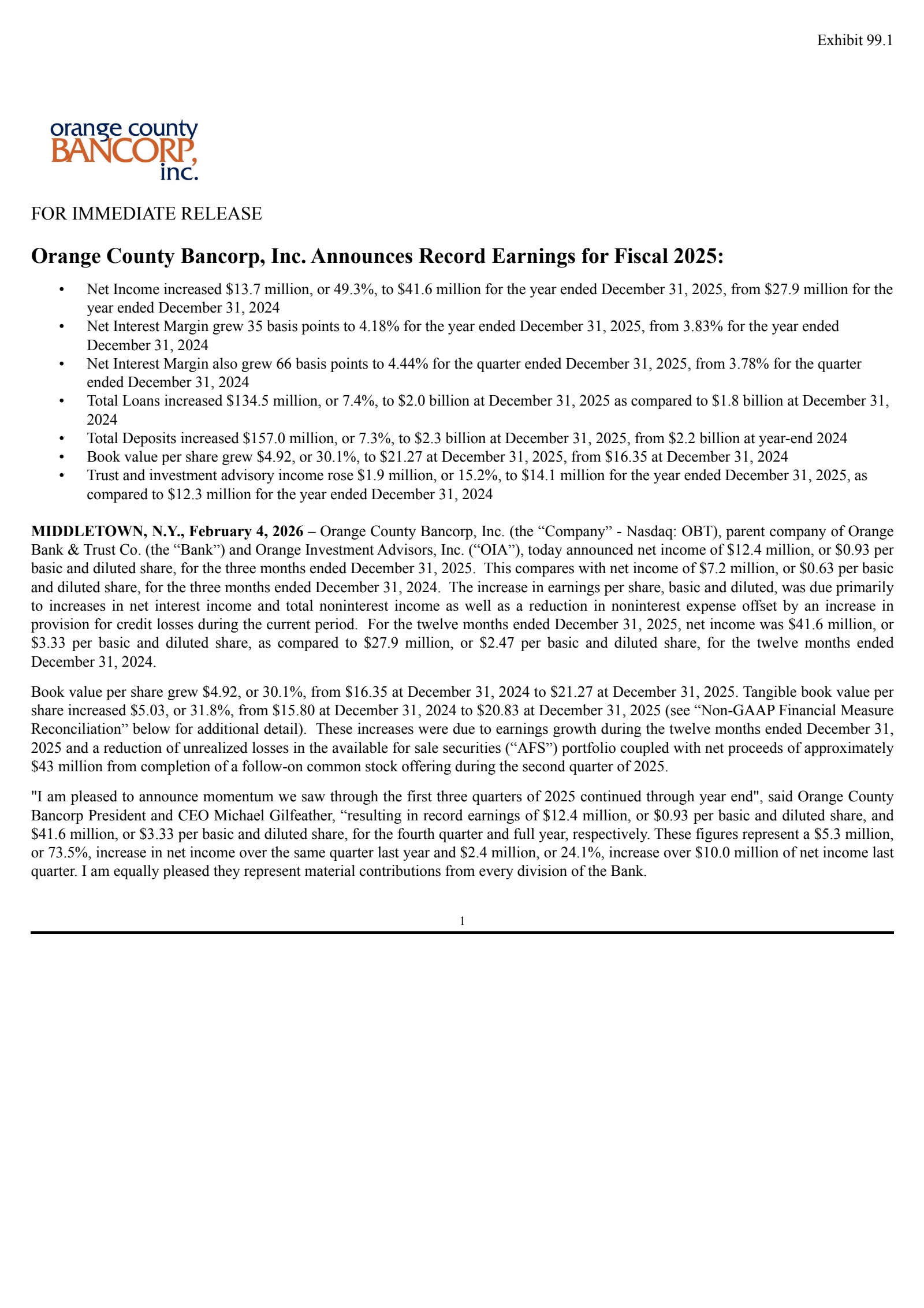 Orange County Bancorp's Q4 2025 Press Release