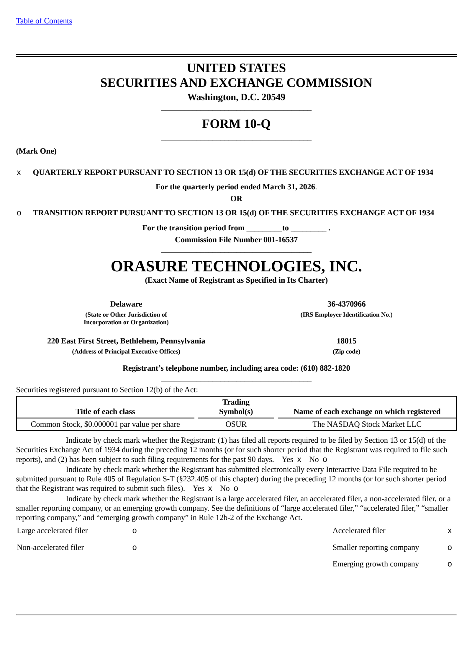 OraSure Technologies' Q1 2026 Quarterly report
