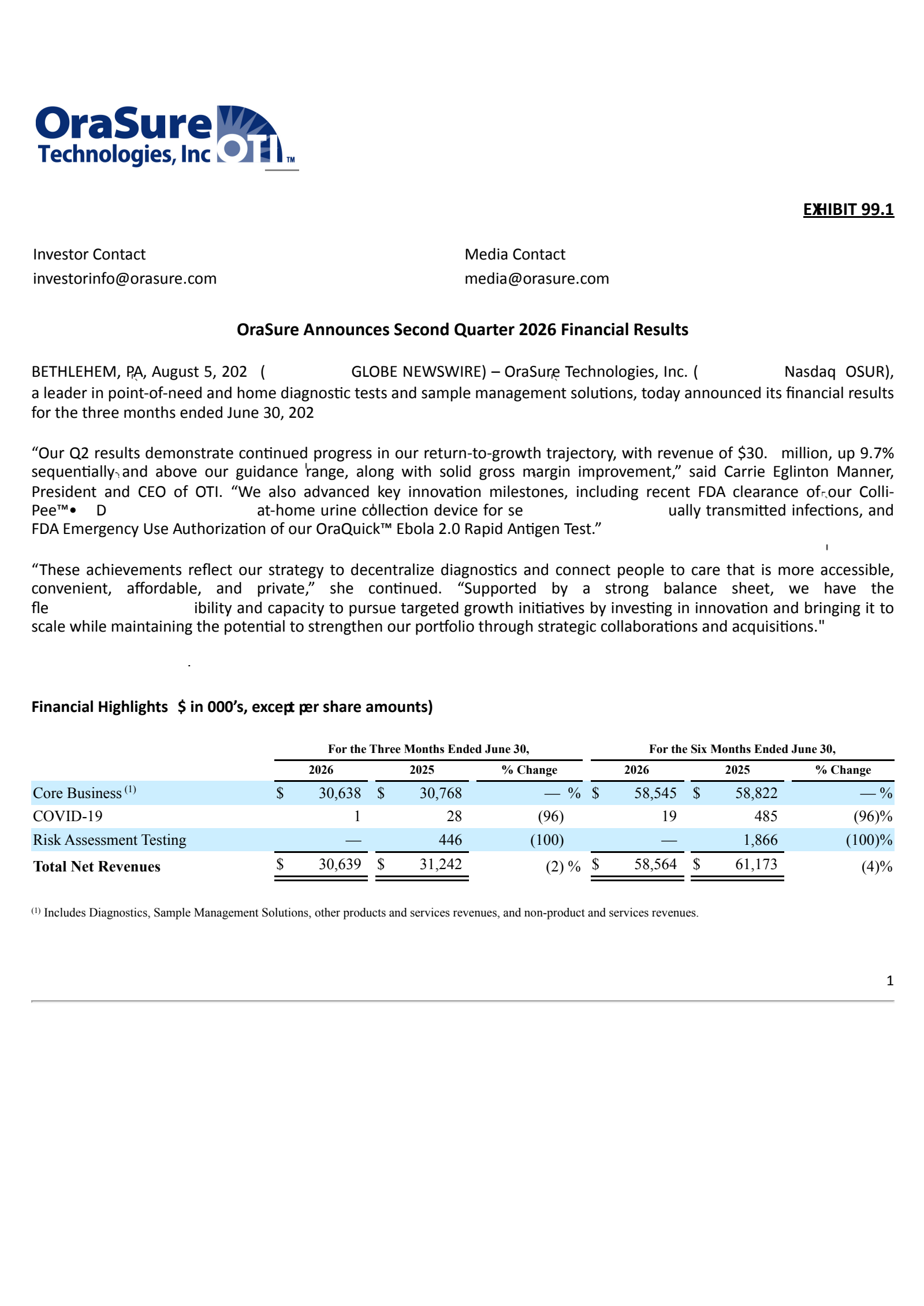 OraSure Technologies' Q2 2026 Press Release