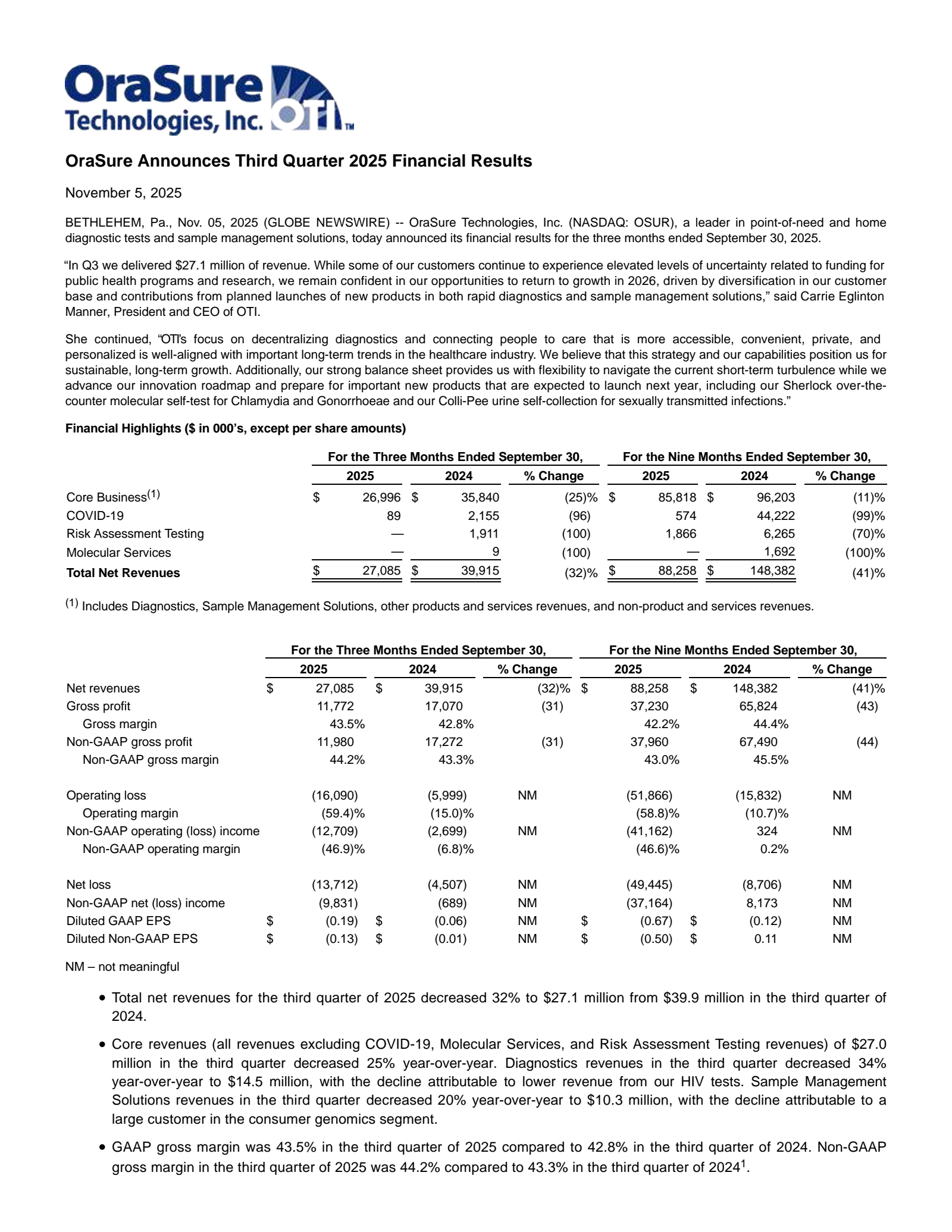OraSure Technologies' Q3 2025 Earnings Release