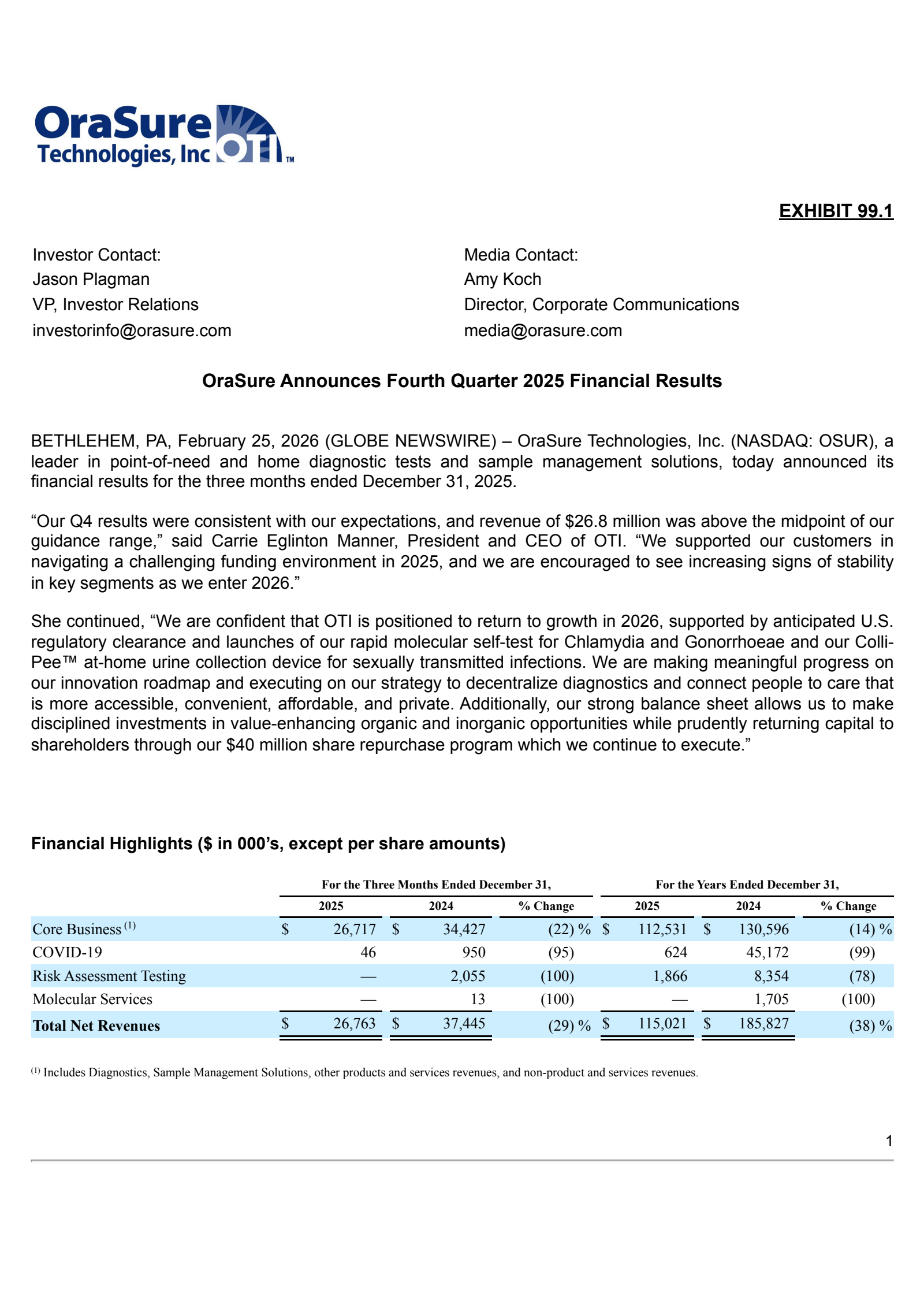OraSure Technologies' Q4 2025 Press Release
