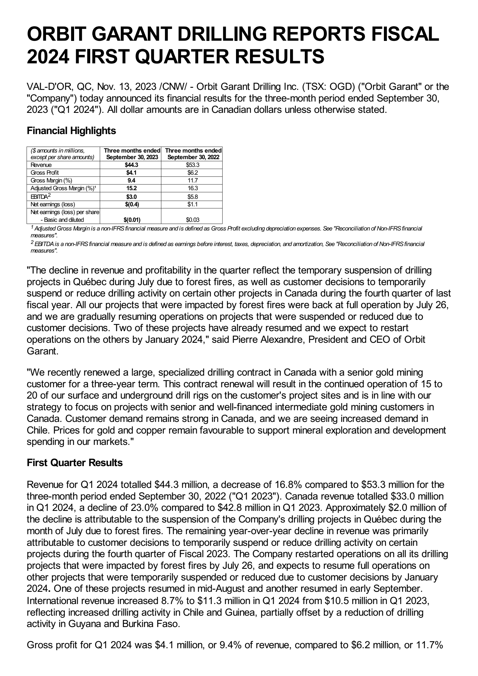 Orbit Garant Drilling's Q1 2024 Interim report