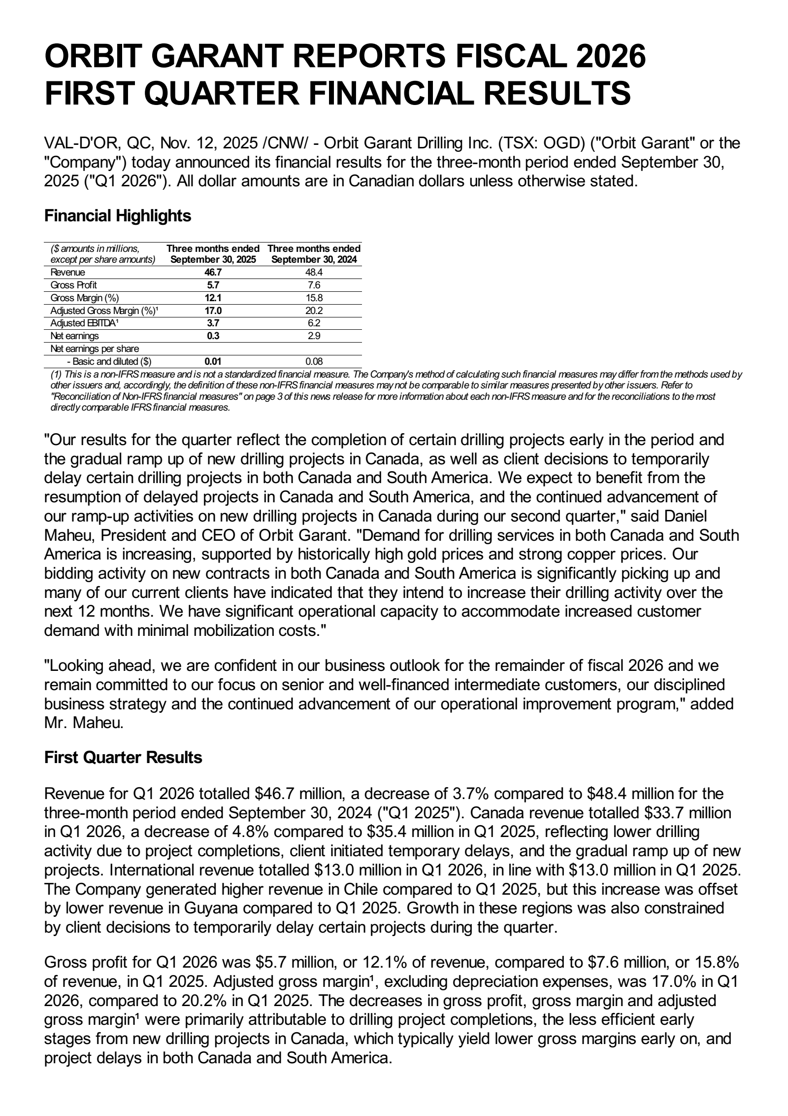 Orbit Garant Drilling's Q1 2026 Earnings Release
