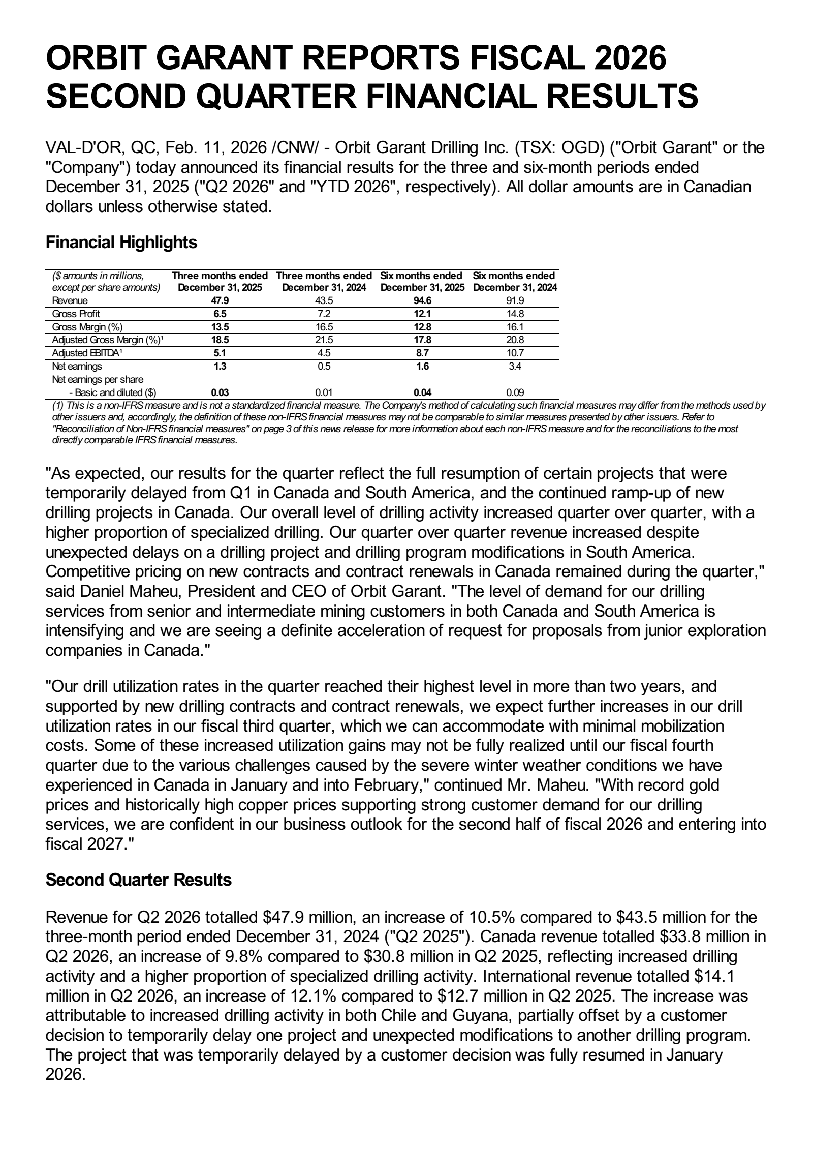 Orbit Garant Drilling's Q2 2026 Press Release