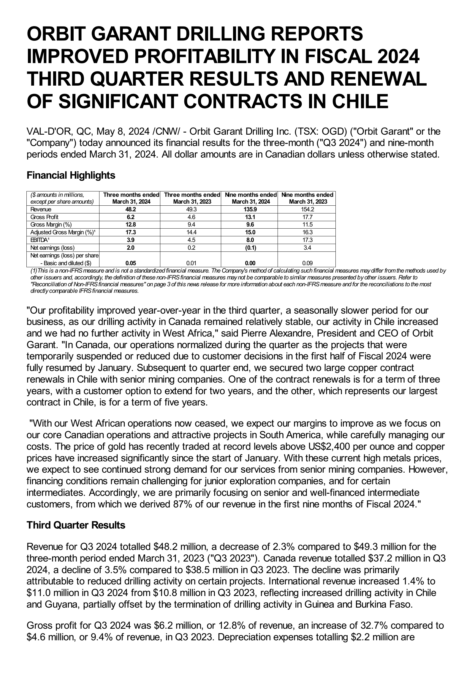 Orbit Garant Drilling's Q3 2024 Interim report