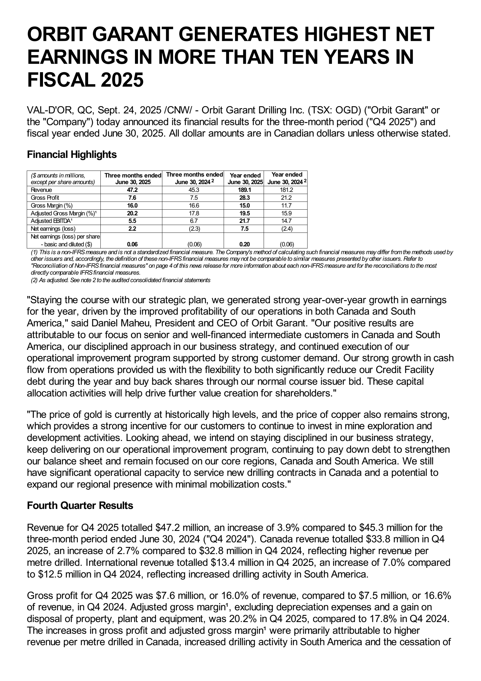 Orbit Garant Drilling's Q4 2025 Earnings Release