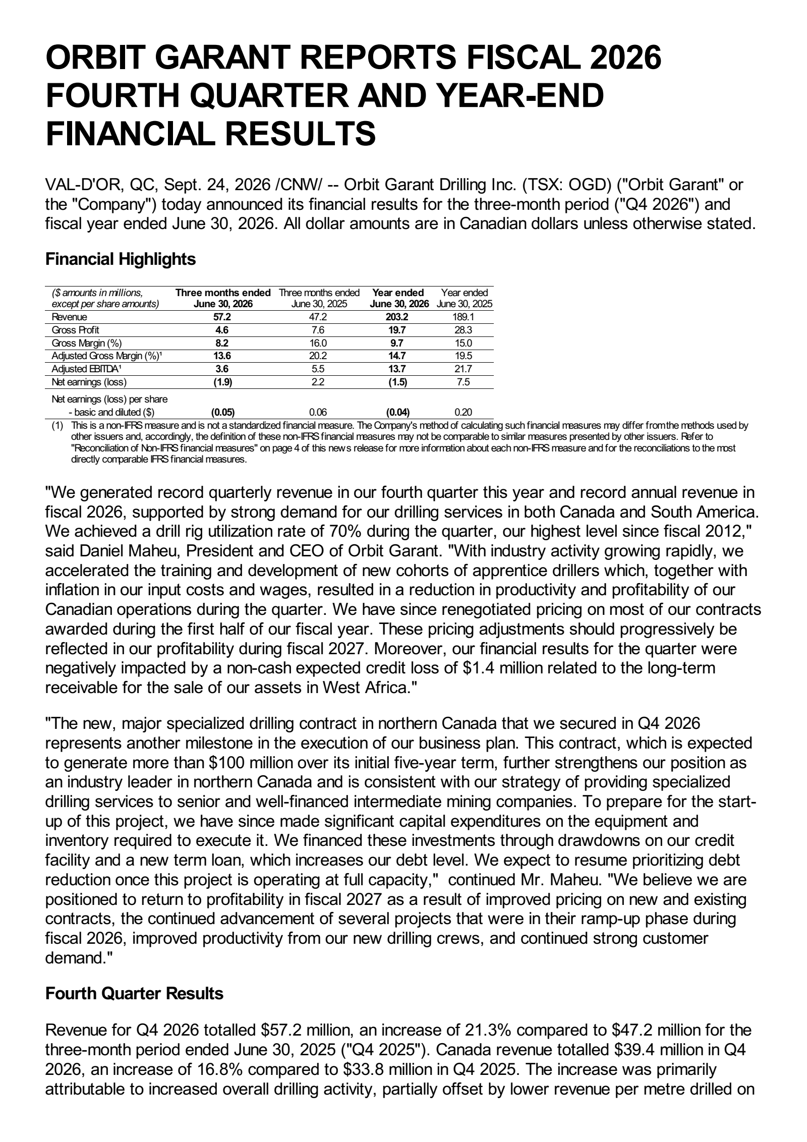 Orbit Garant Drilling's Q4 2026 Press Release