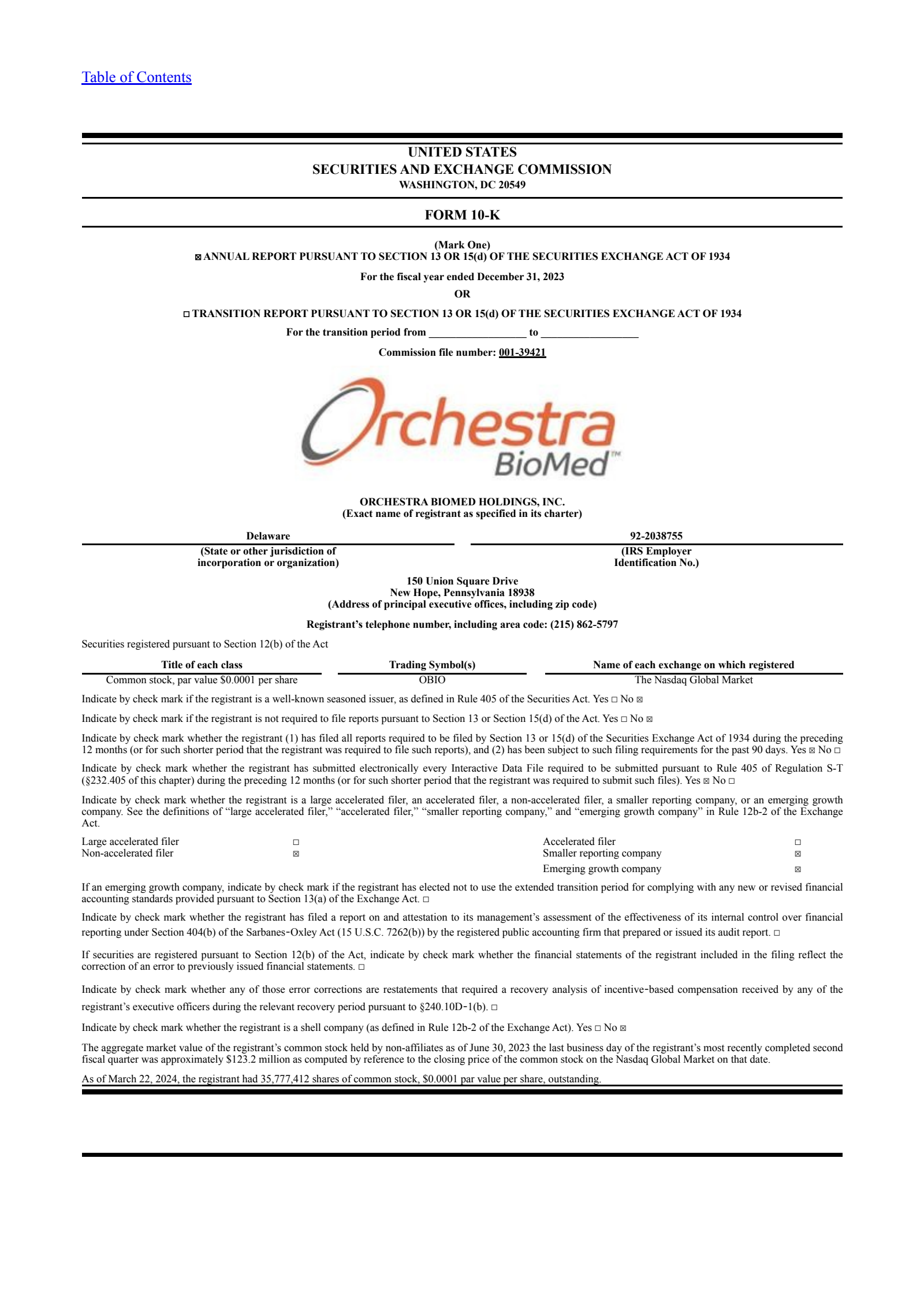Orchestra BioMed's Q4 2023 Annual report