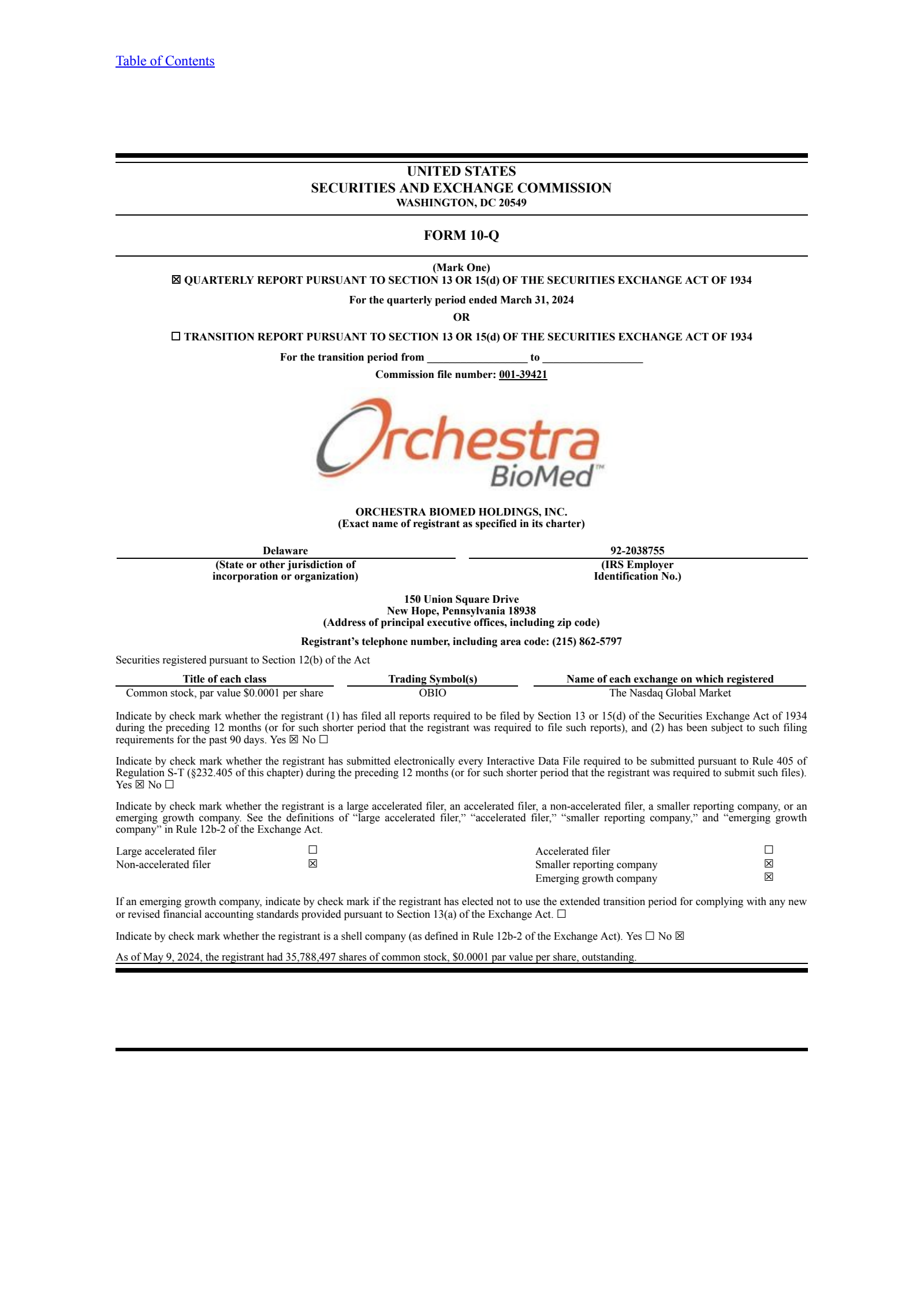 Orchestra BioMed's Q1 2024 Quarterly Report