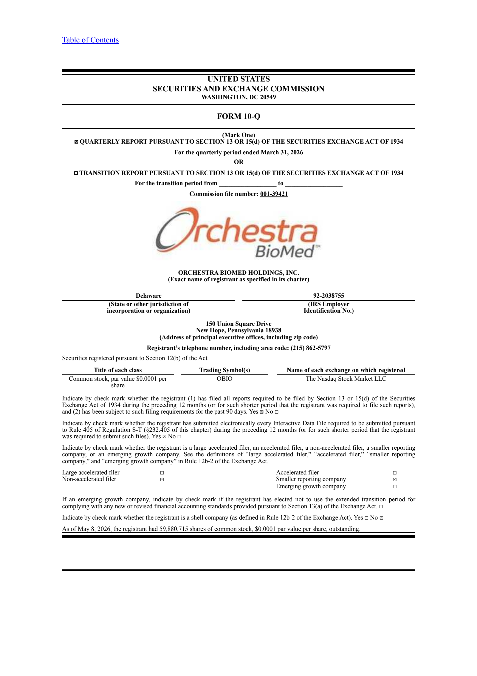 Orchestra BioMed's Q1 2026 Quarterly report