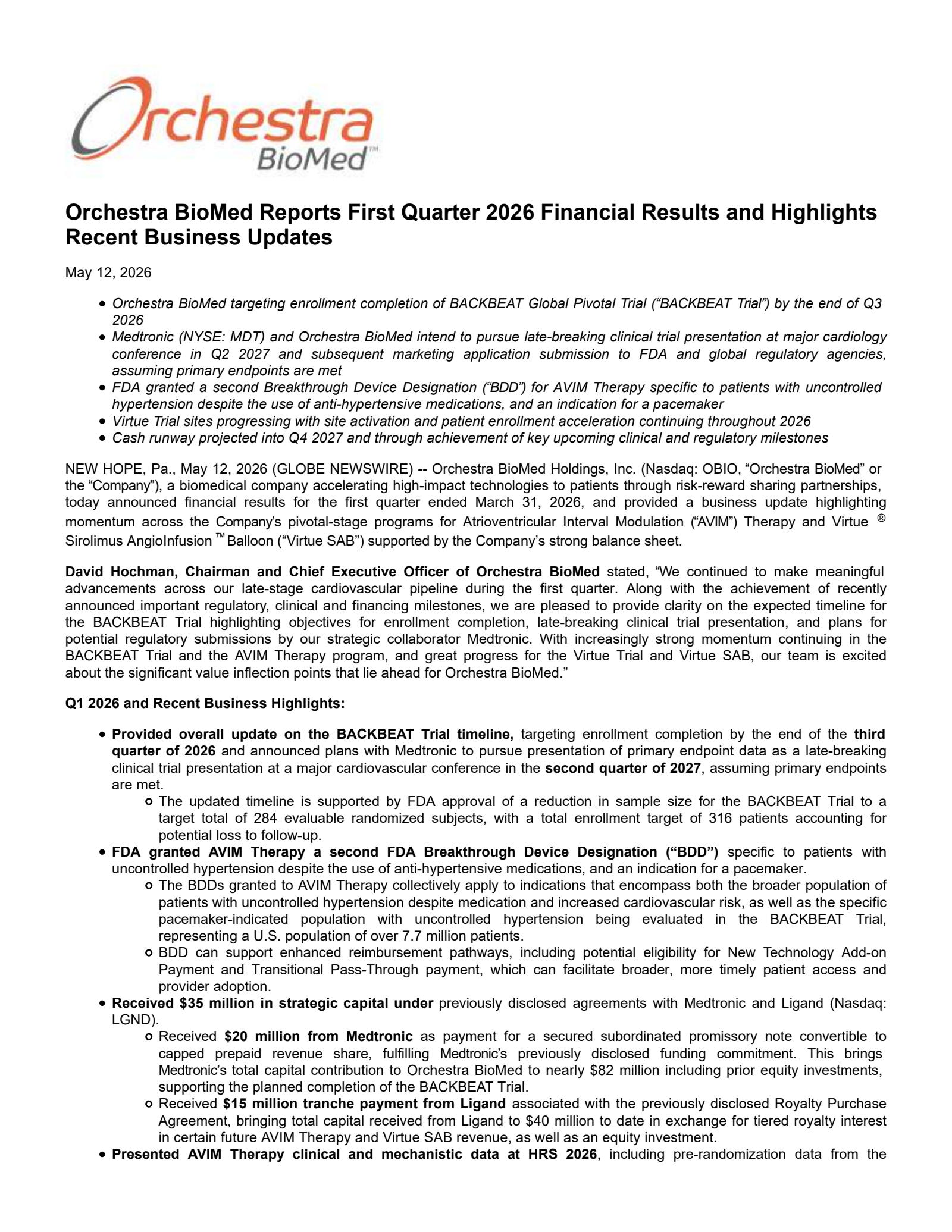 Orchestra BioMed's Q1 2026 Press Release
