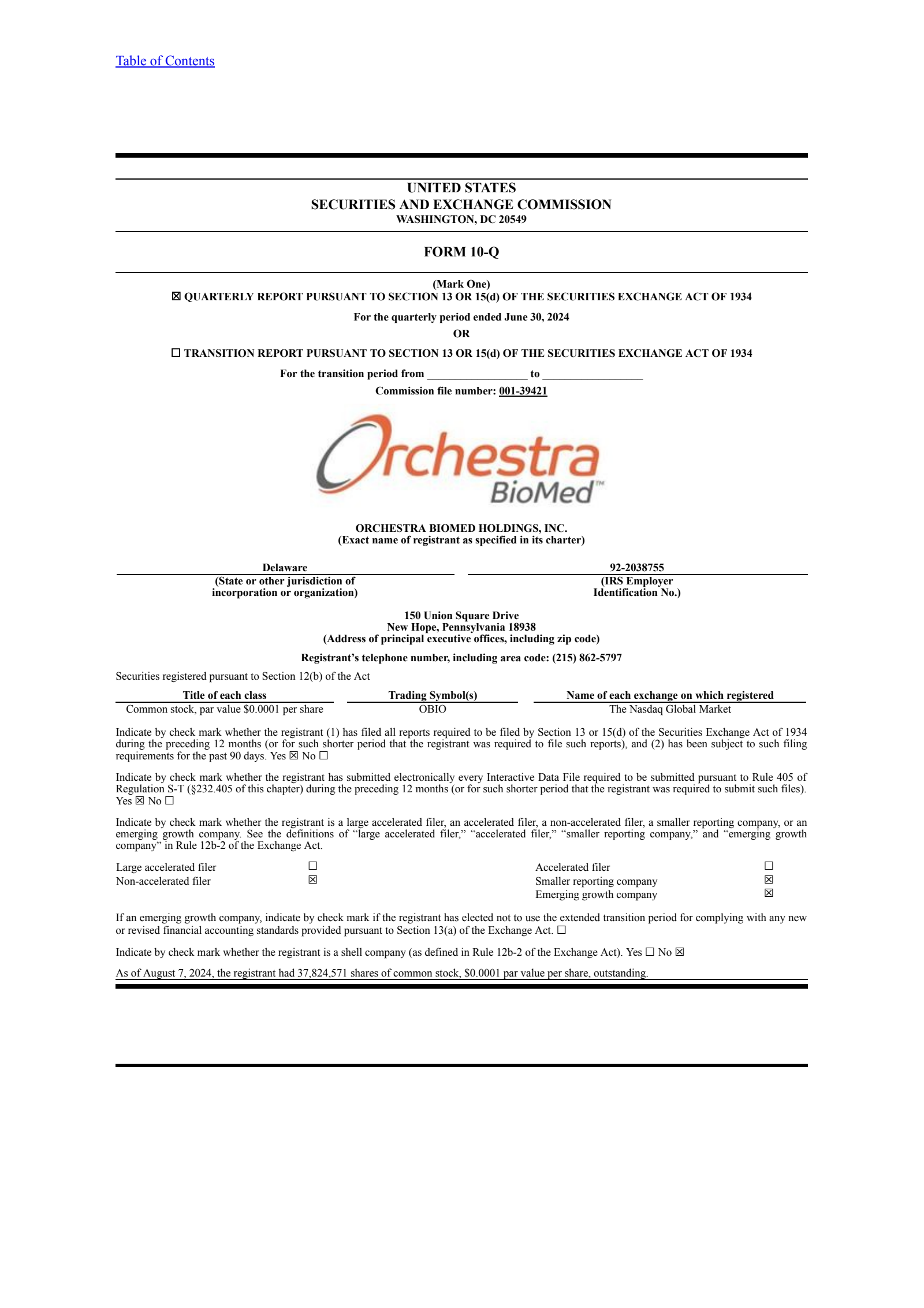 Orchestra BioMed's Q2 2024 Quarterly Report