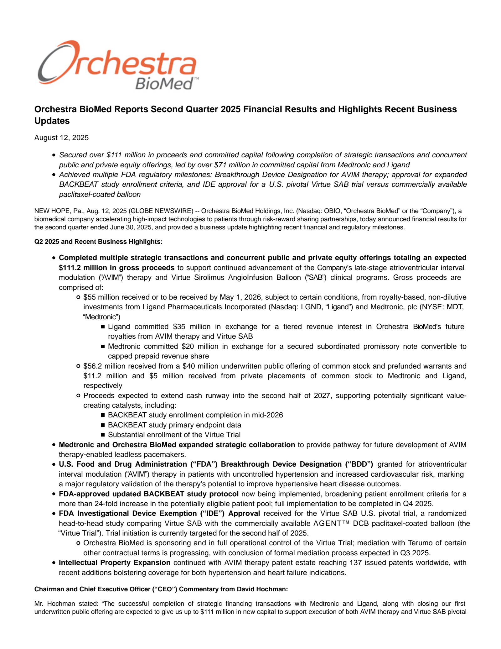 Orchestra BioMed's Q2 2025 Press Release