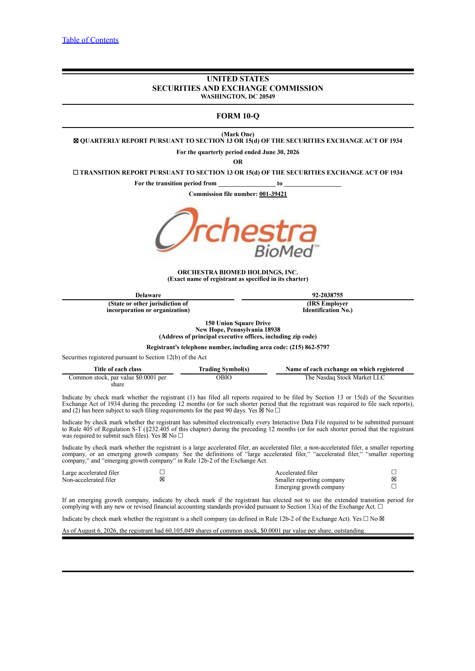 Orchestra BioMed's Q2 2026 Quarterly report