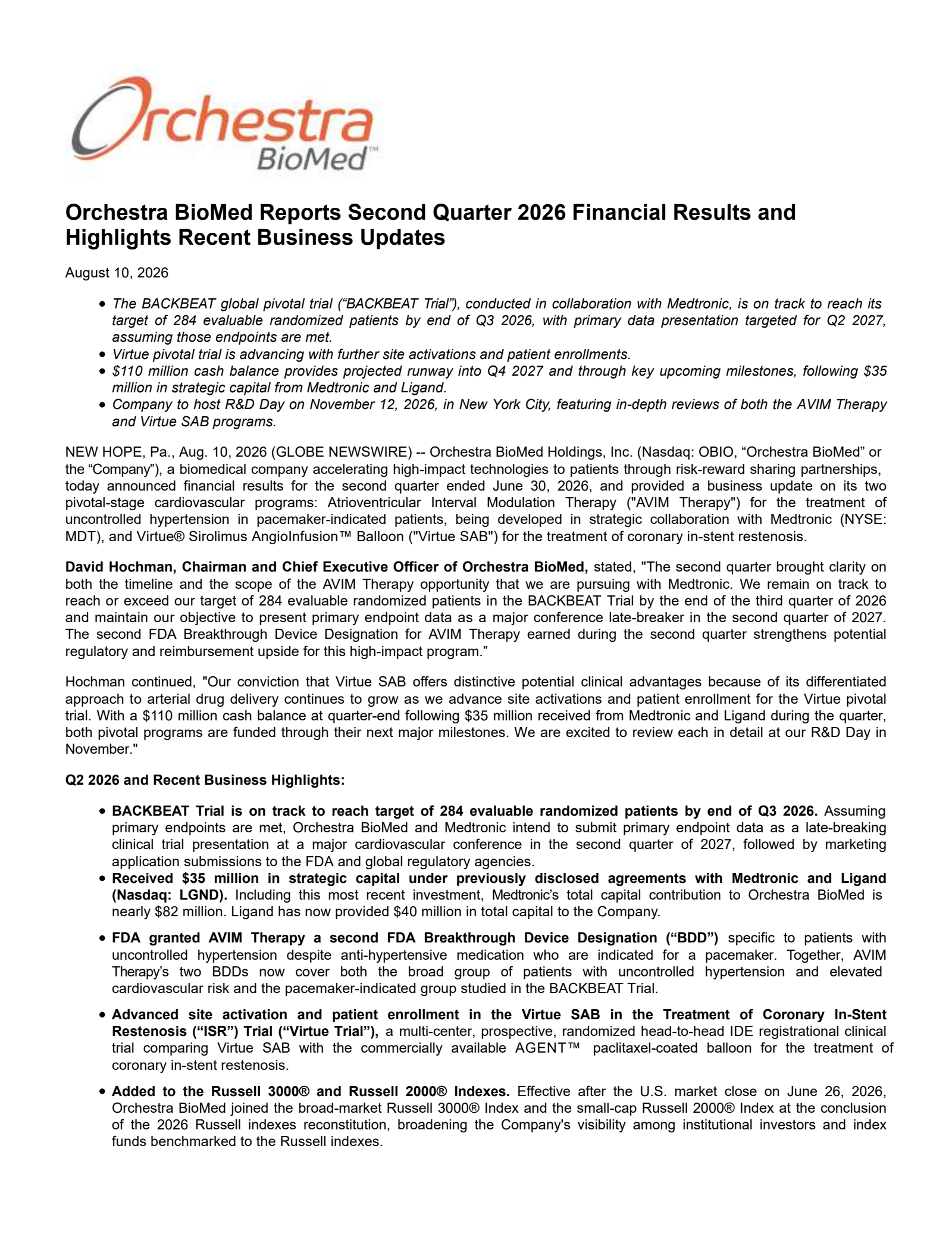 Orchestra BioMed's Q2 2026 Press Release