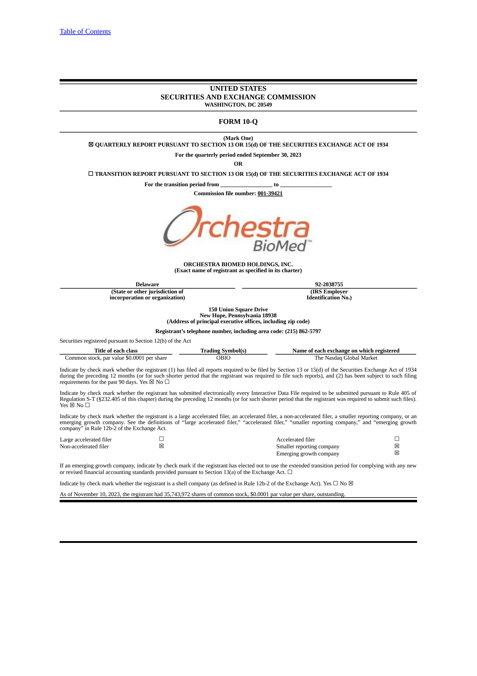 Orchestra BioMed's Q3 2023 Quarterly Report