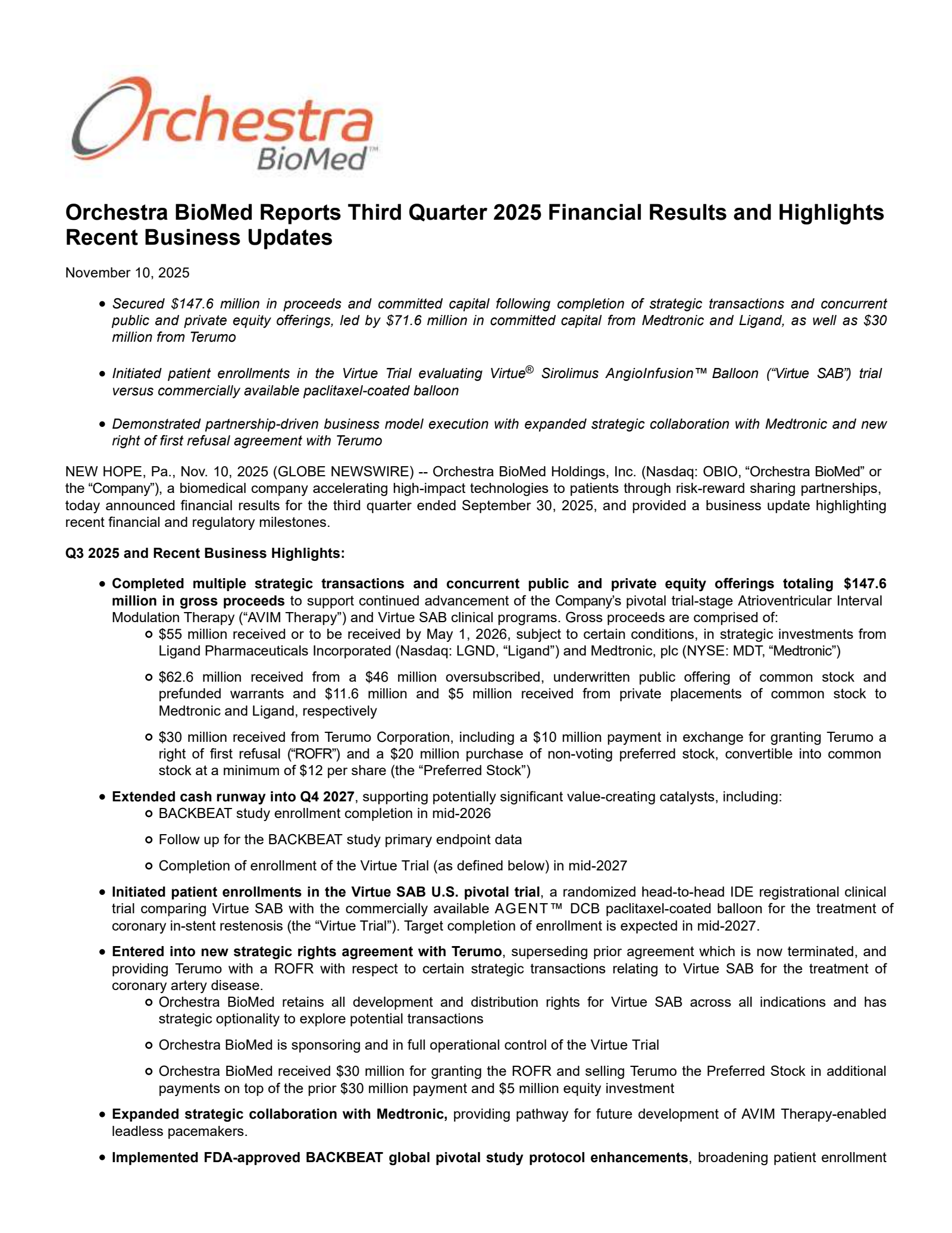 Orchestra BioMed's Q3 2025 Earnings Release