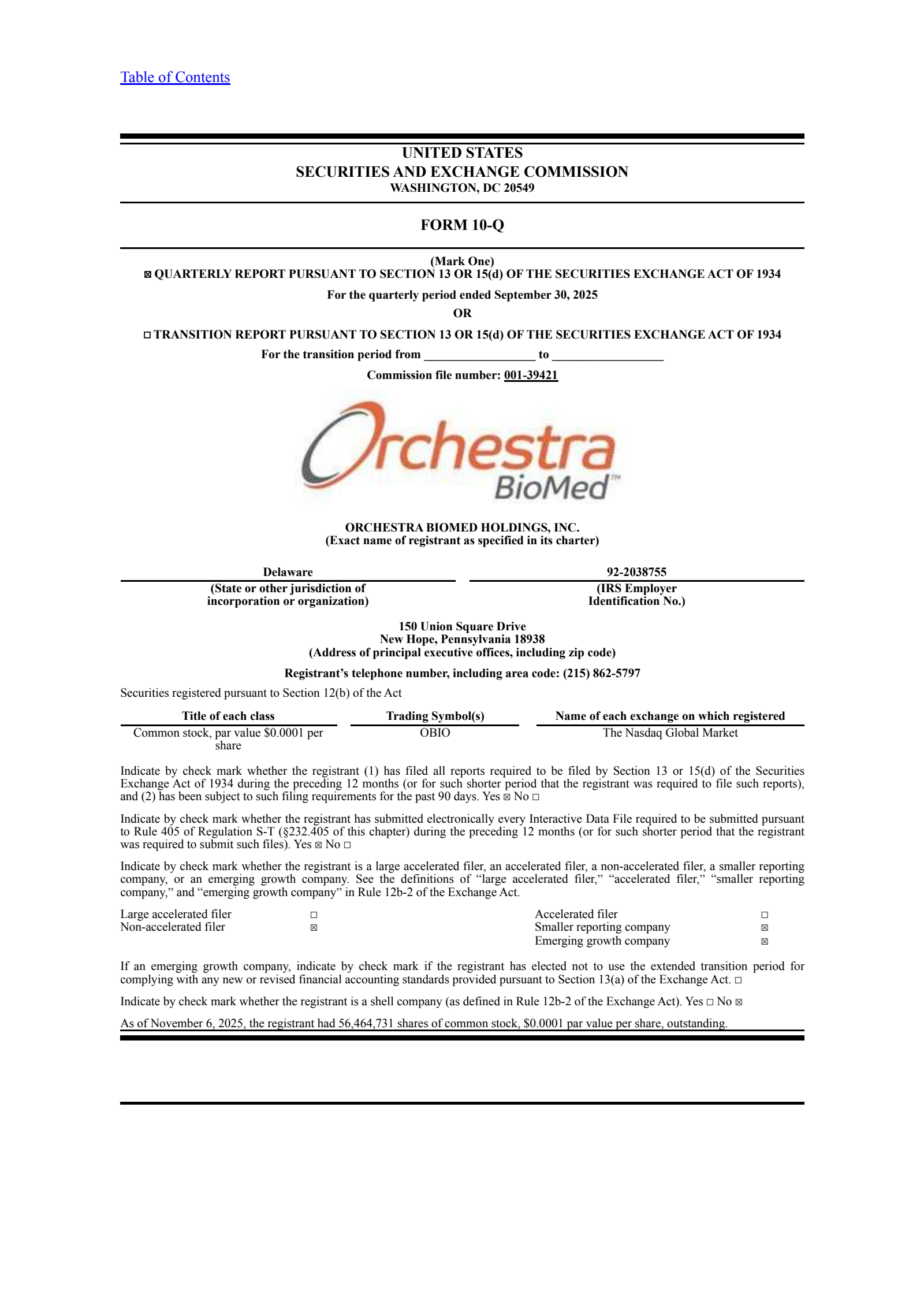 Orchestra BioMed's Q3 2025 Quarterly Report