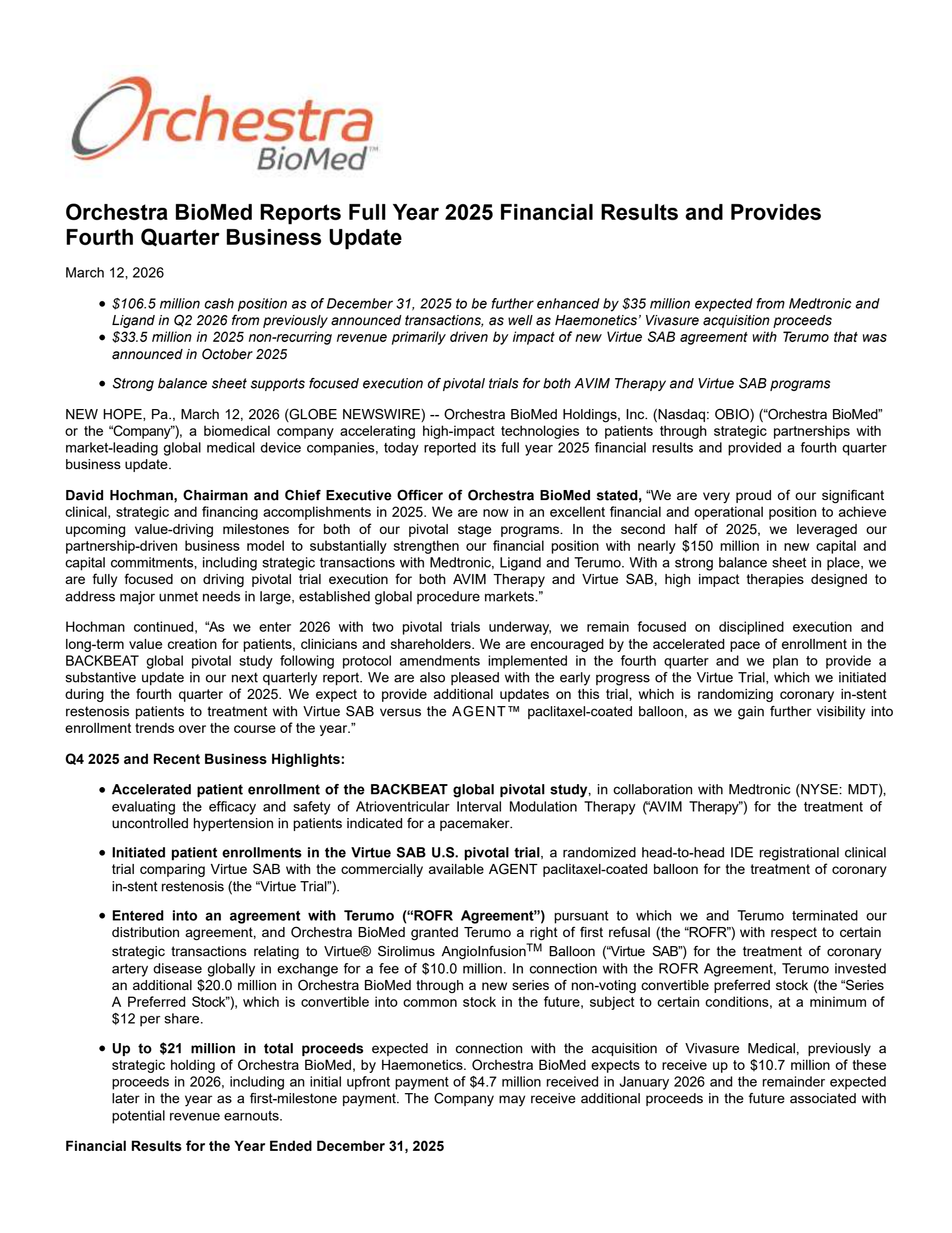 Orchestra BioMed's Q4 2025 Press Release
