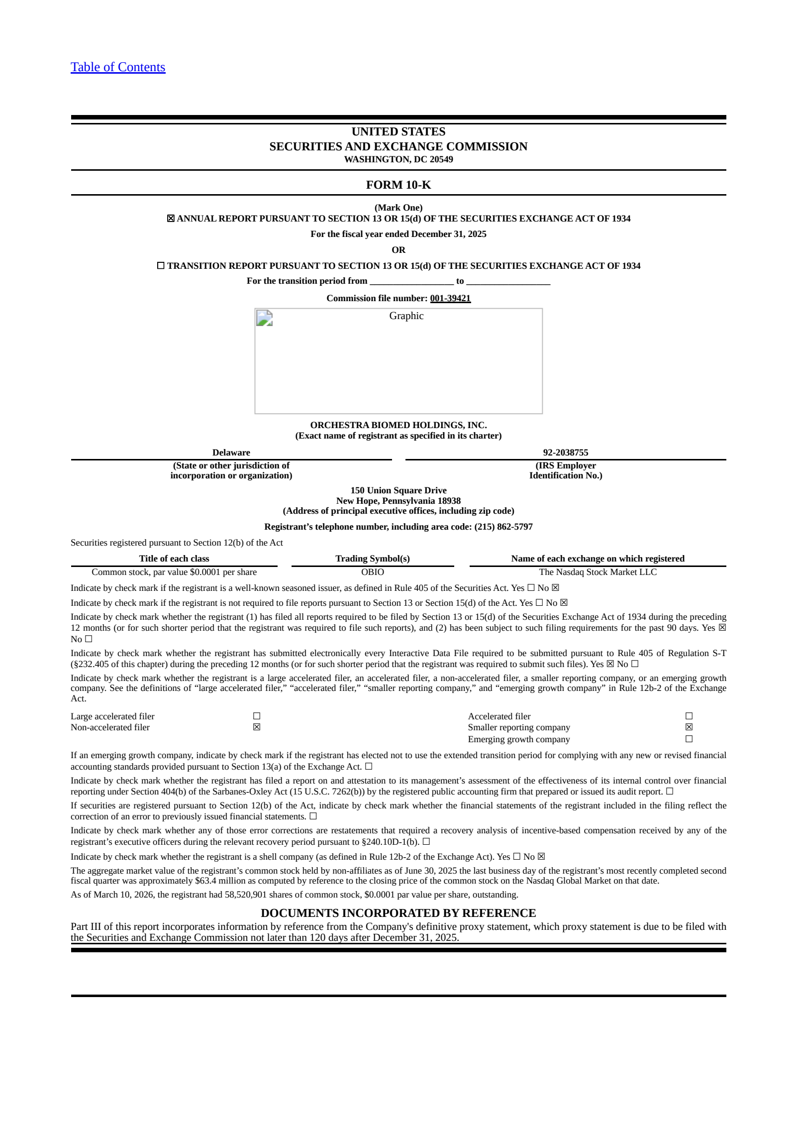 Orchestra BioMed's Q4 2025 Annual report