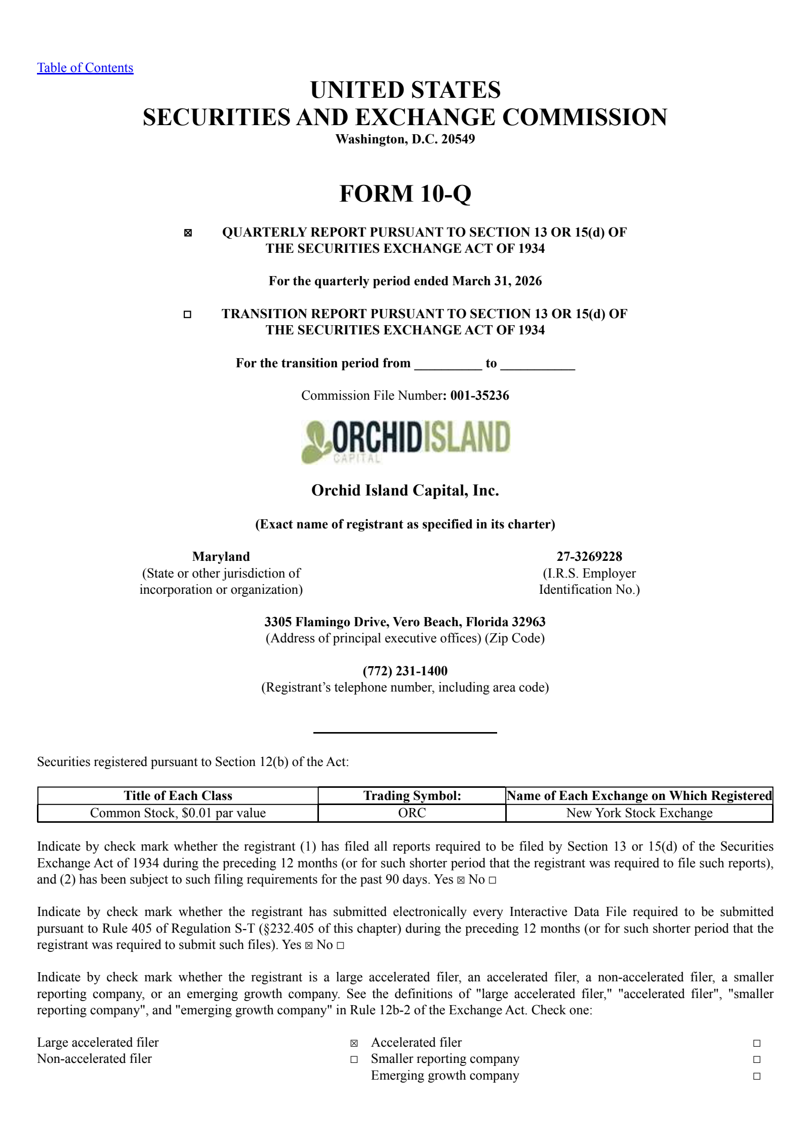 Orchid Island Capital's Q1 2026 Quarterly report
