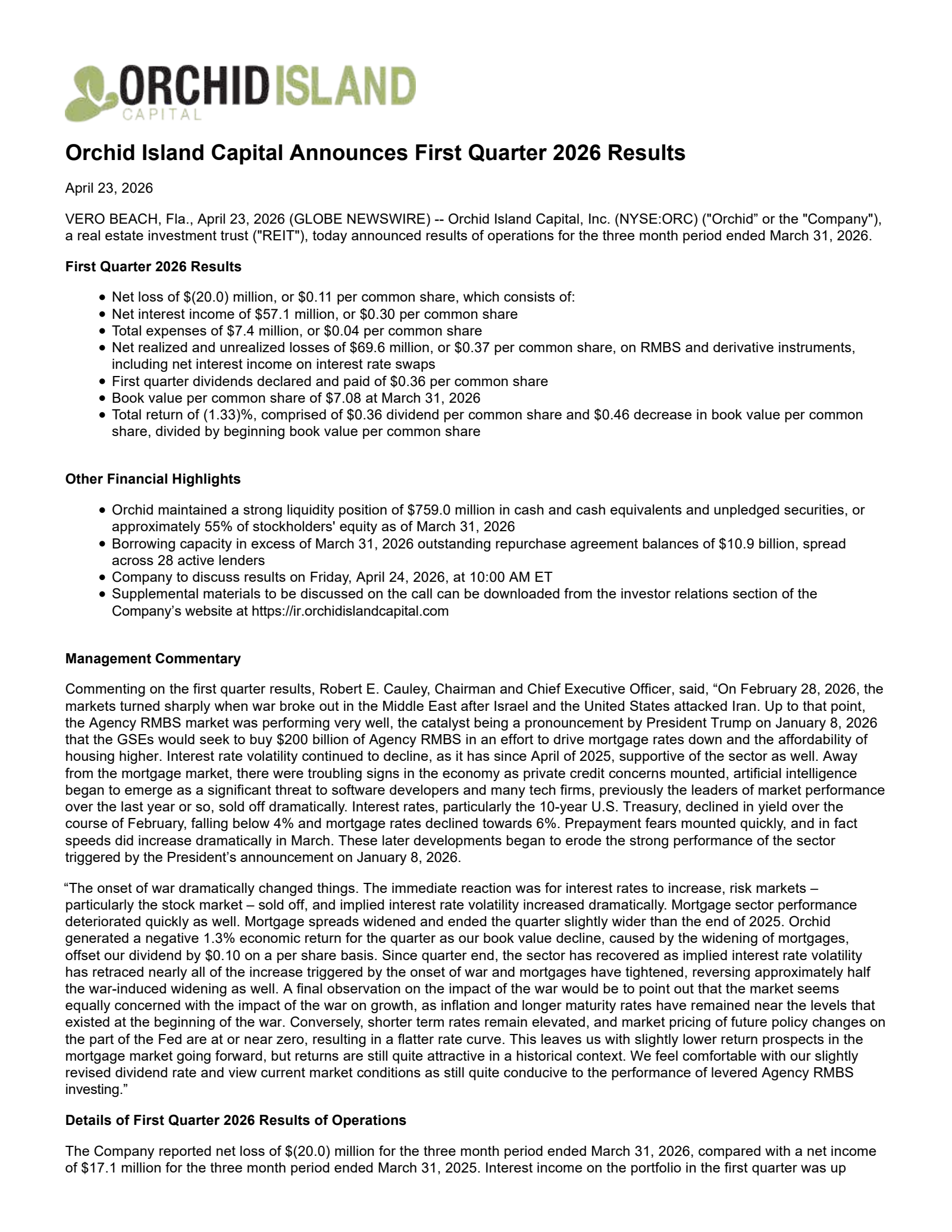 Orchid Island Capital's Q1 2026 Press Release