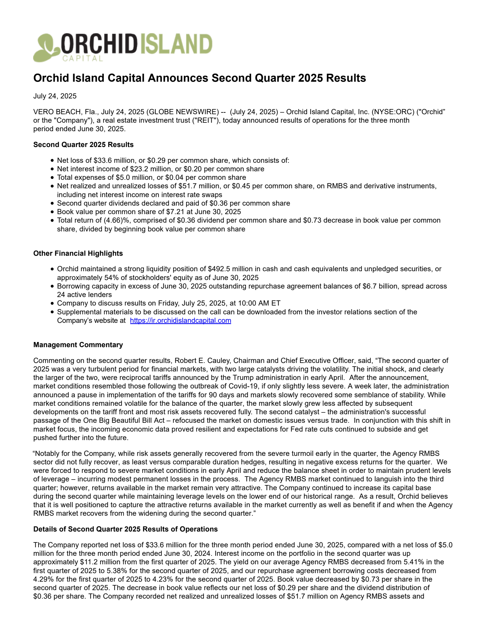 Orchid Island Capital's Q2 2025 Press Release