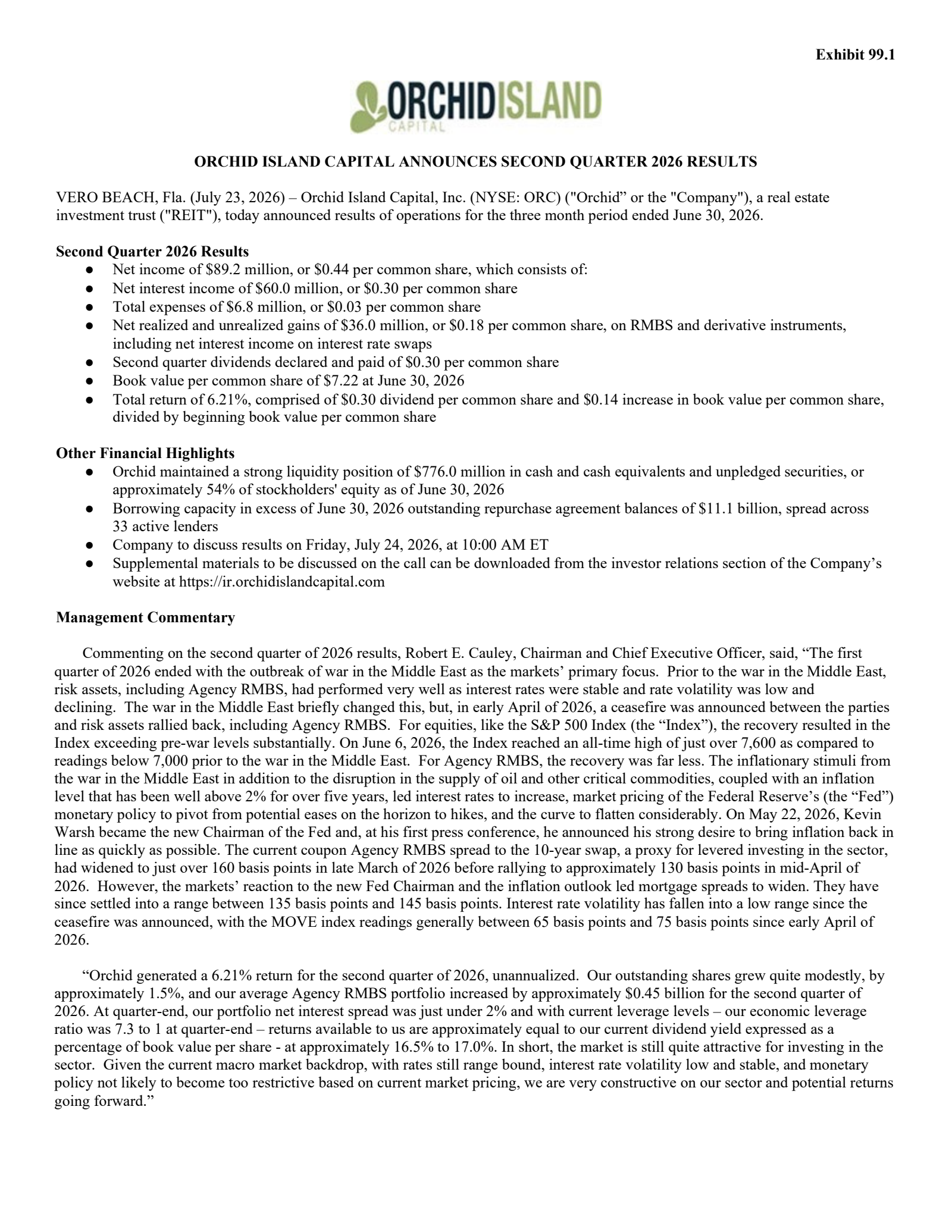 Orchid Island Capital's Q2 2026 Press Release