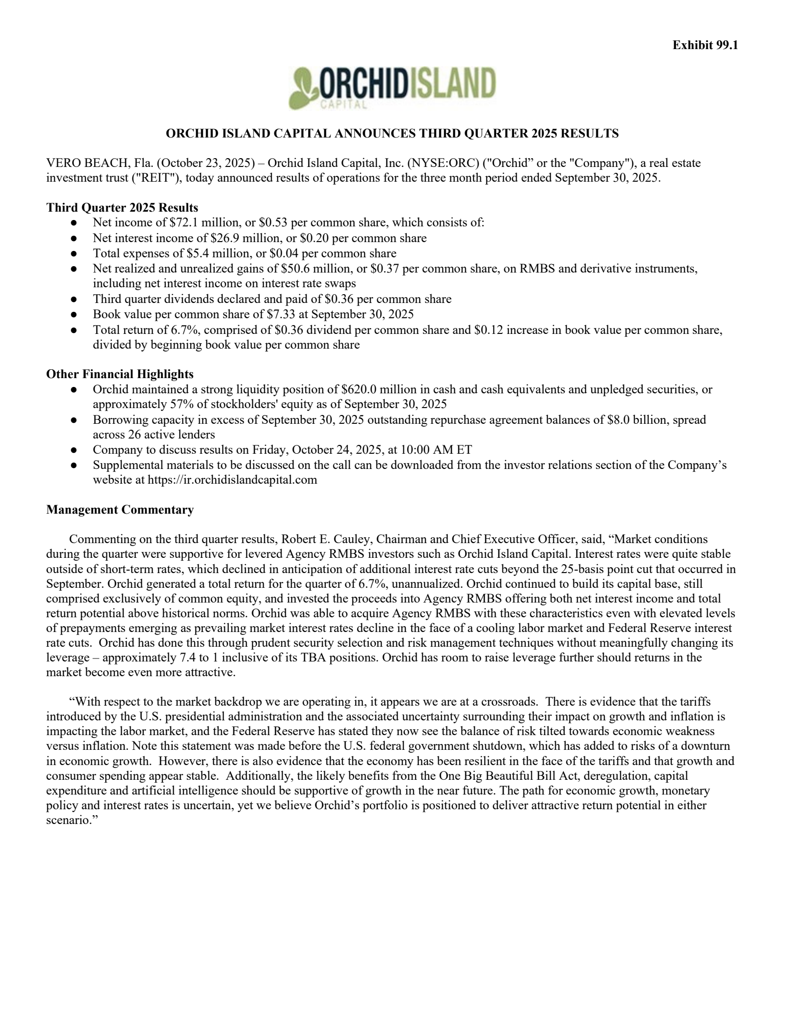 Orchid Island Capital's Q3 2025 Earnings Release