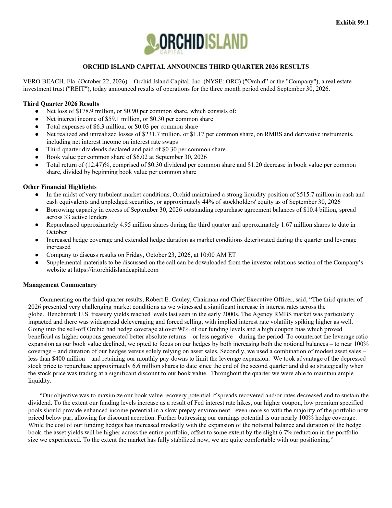 Orchid Island Capital's Q3 2026 Press Release