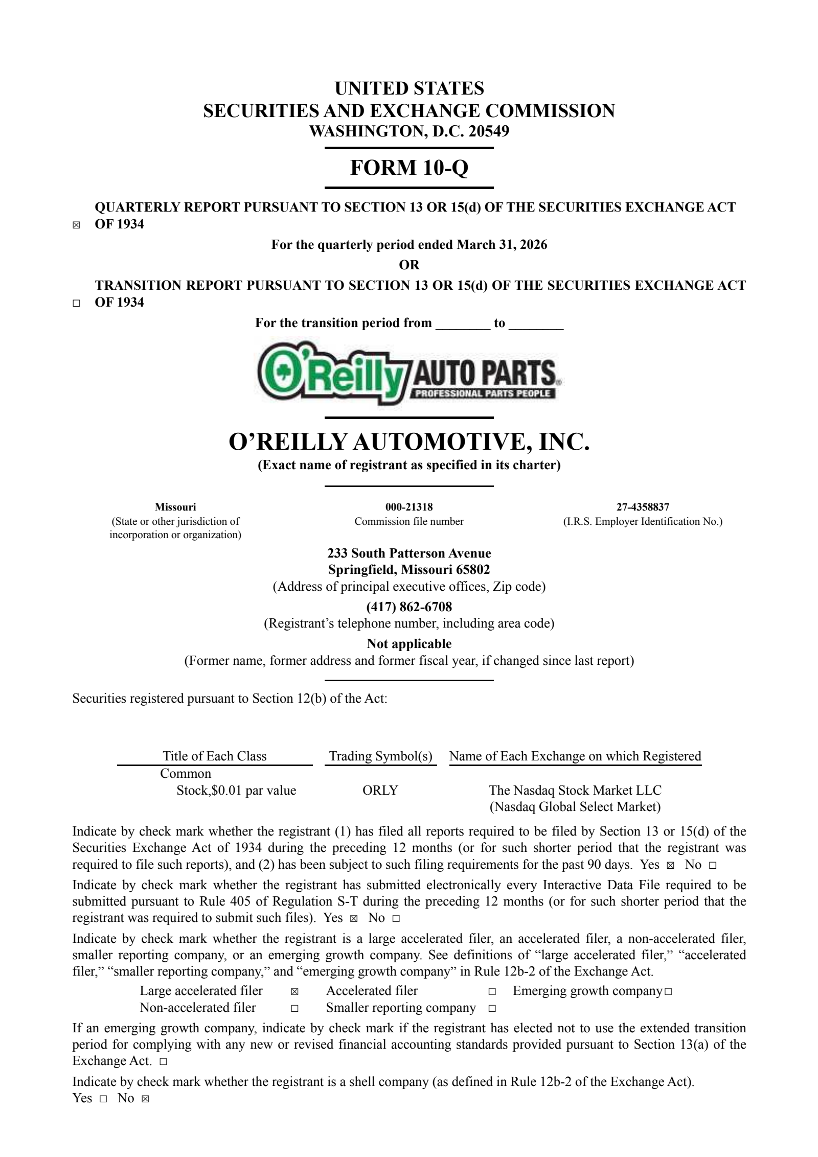 O'Reilly Automotive's Q1 2026 Quarterly report