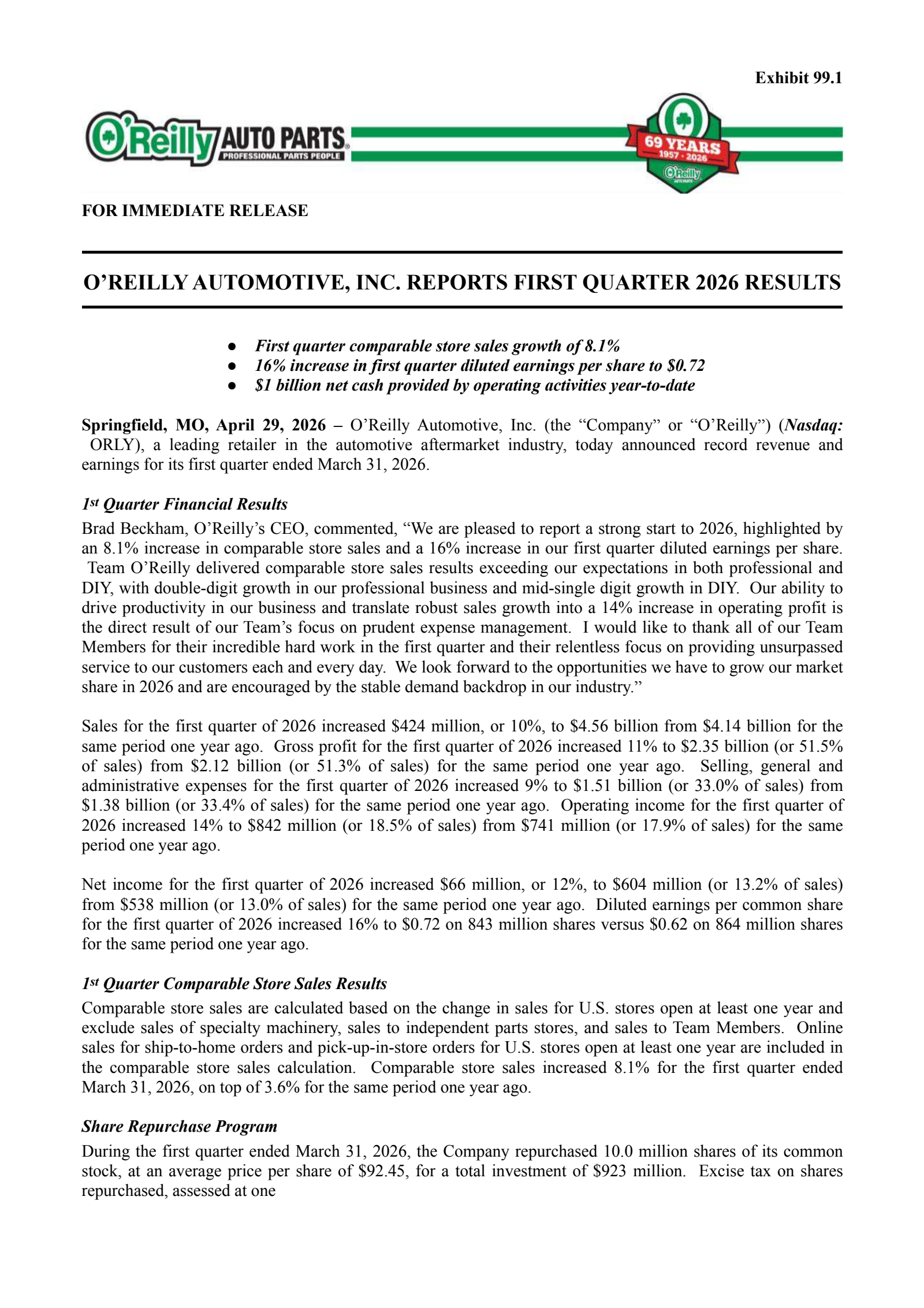 O'Reilly Automotive's Q1 2026 Press Release