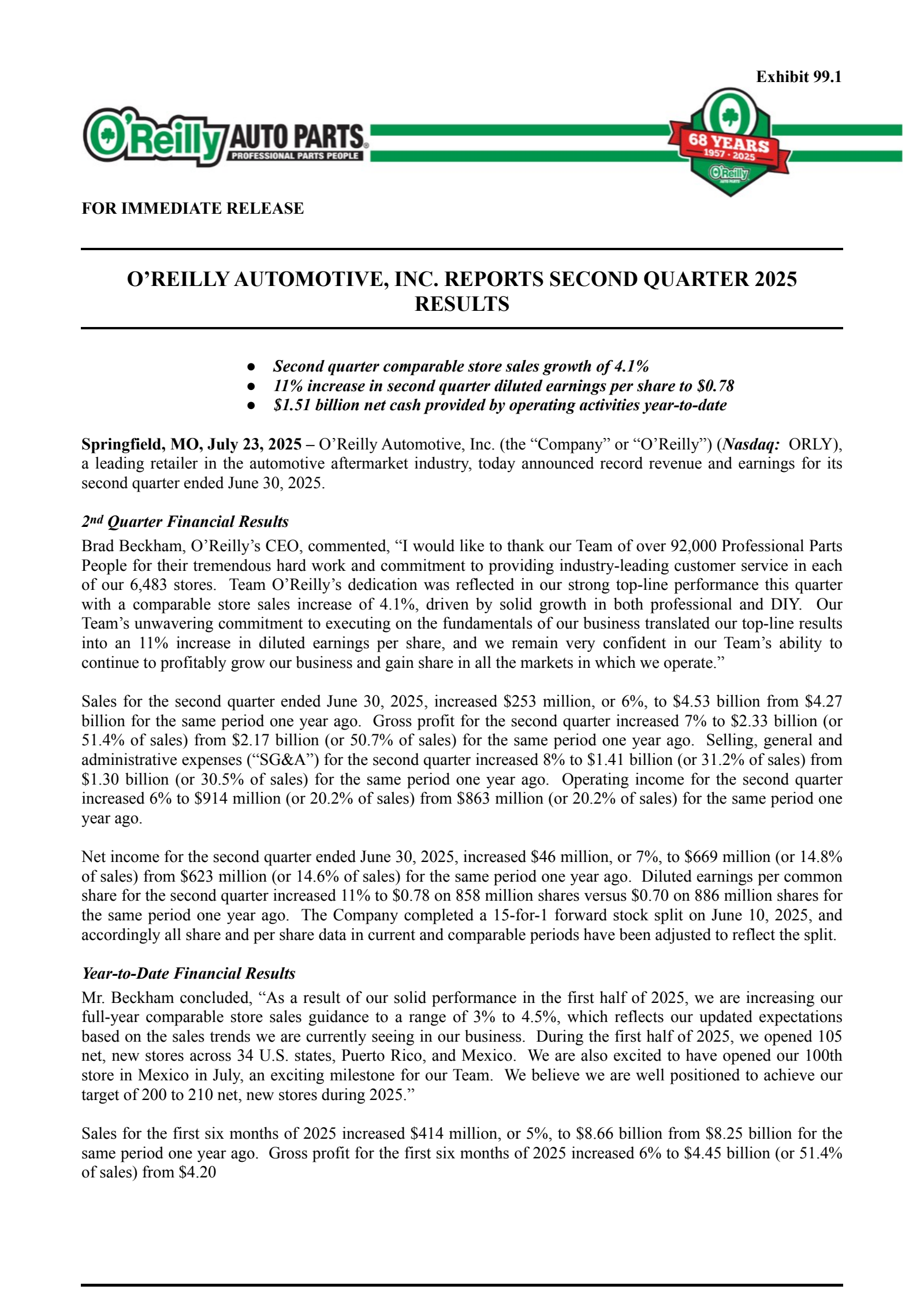 O'Reilly Automotive's Q2 2025 Press Release