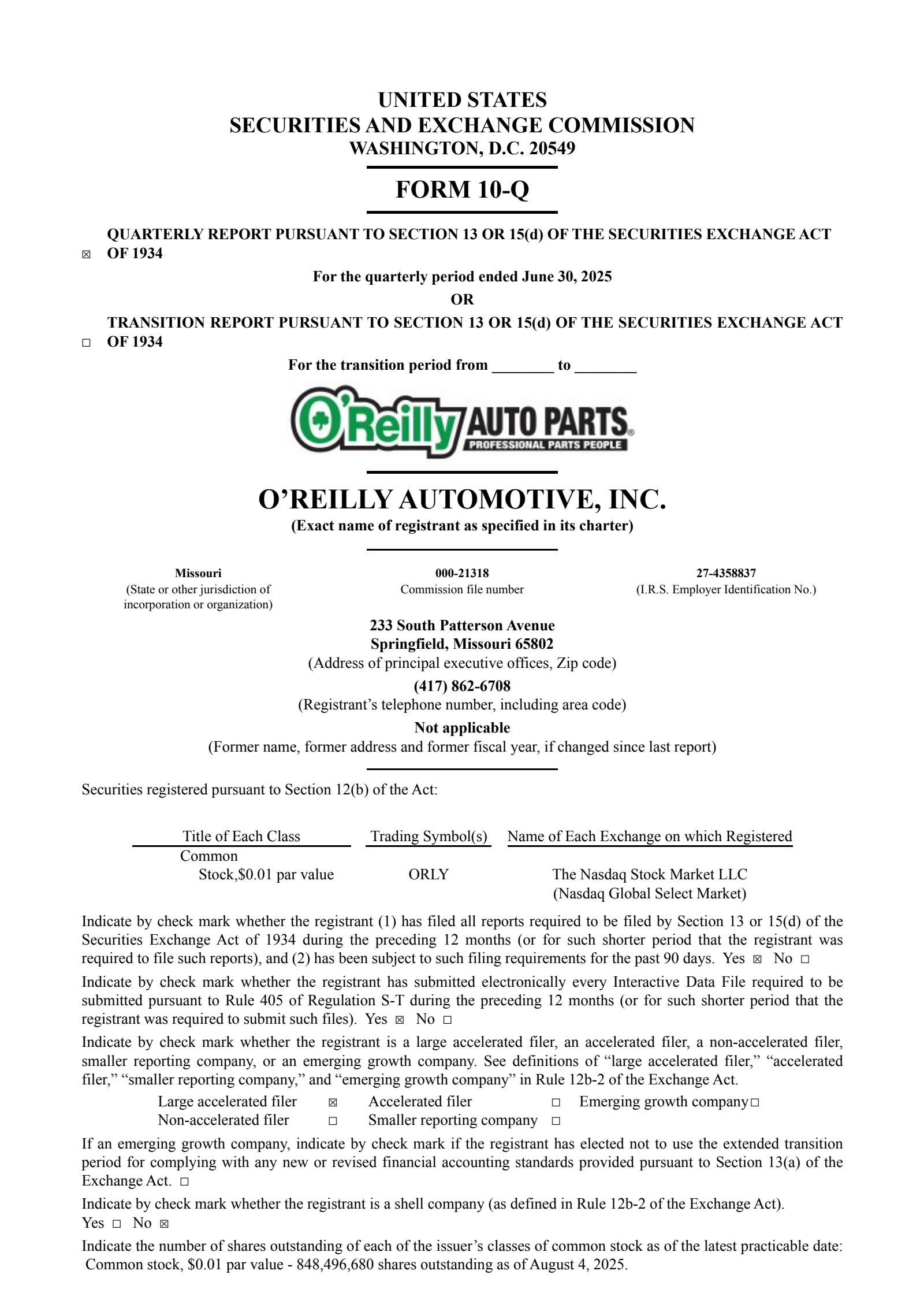 O'Reilly Automotive's Q2 2025 Quarterly report