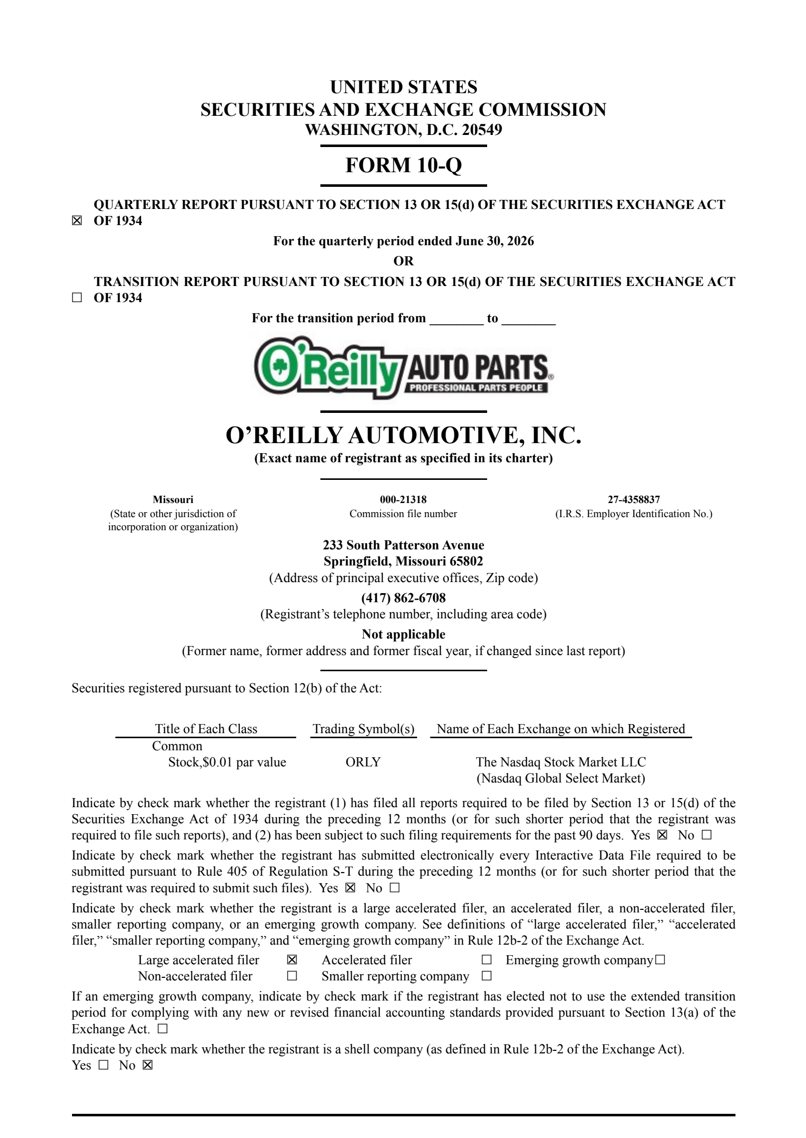 O'Reilly Automotive's Q2 2026 Quarterly report