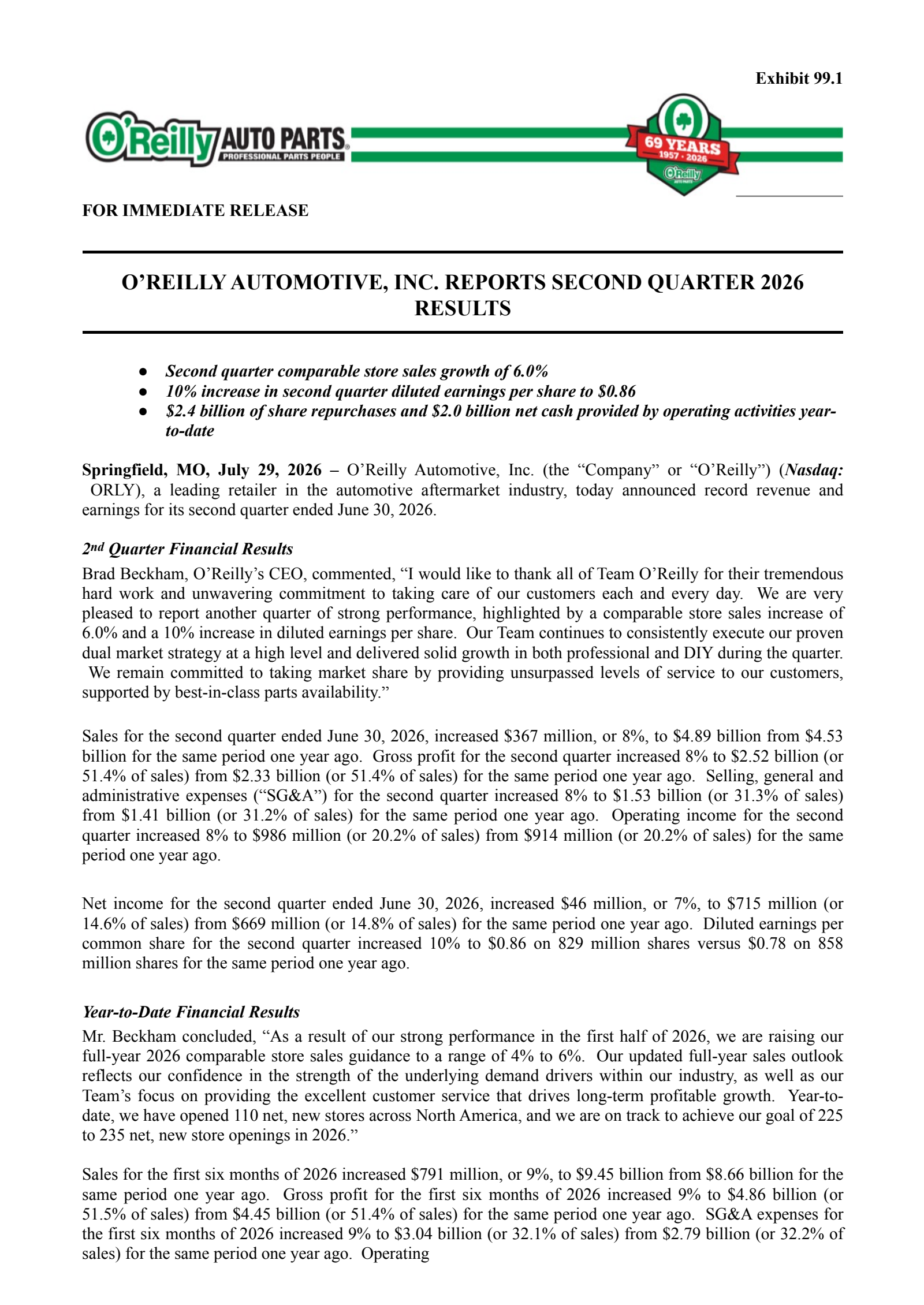 O'Reilly Automotive's Q2 2026 Press Release