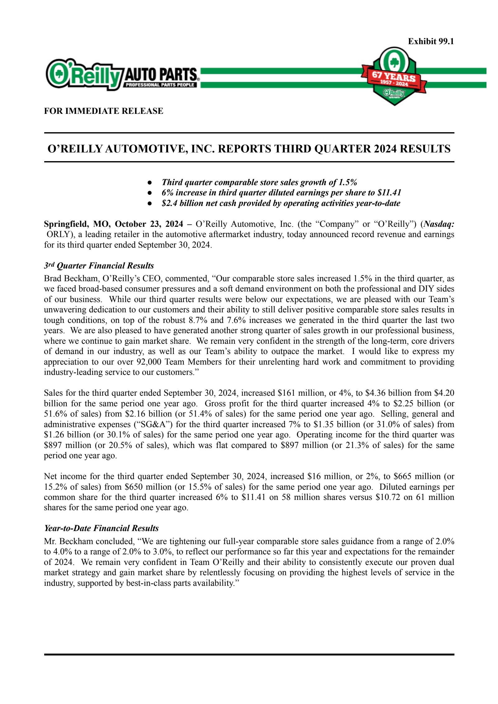 O'Reilly Automotive's Q3 2024 Press Release