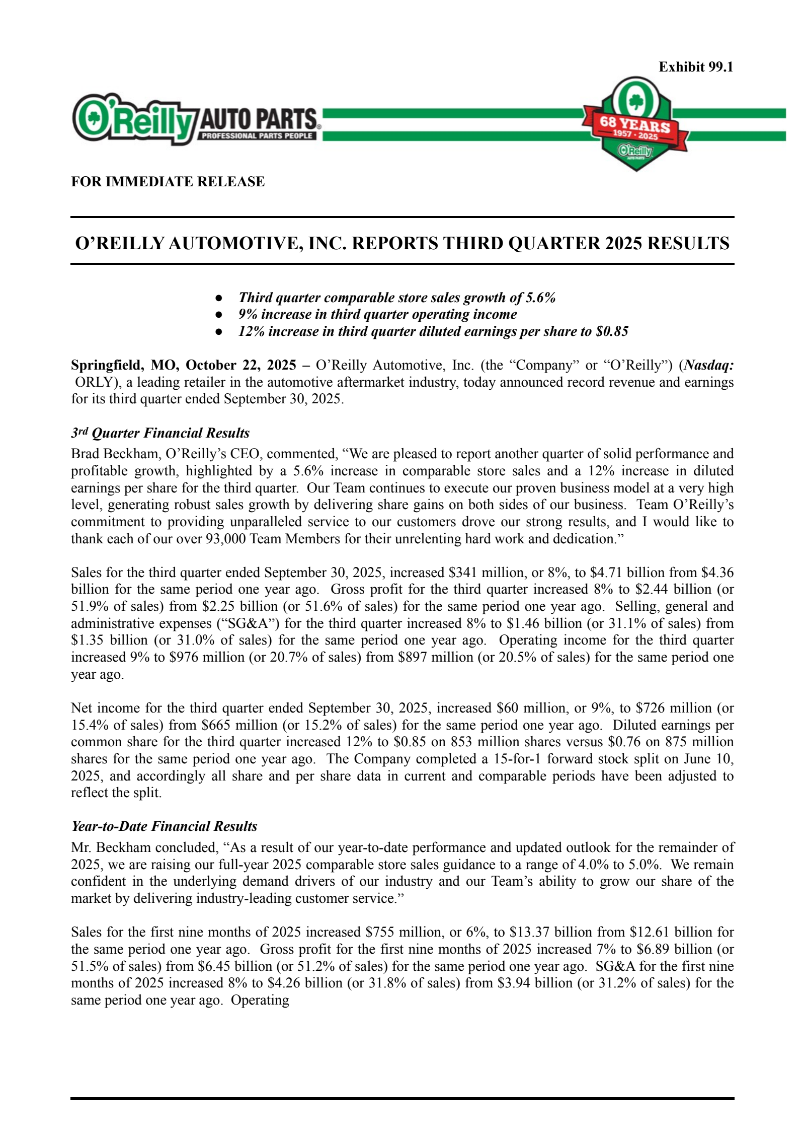 O'Reilly Automotive's Q3 2025 Earnings Release