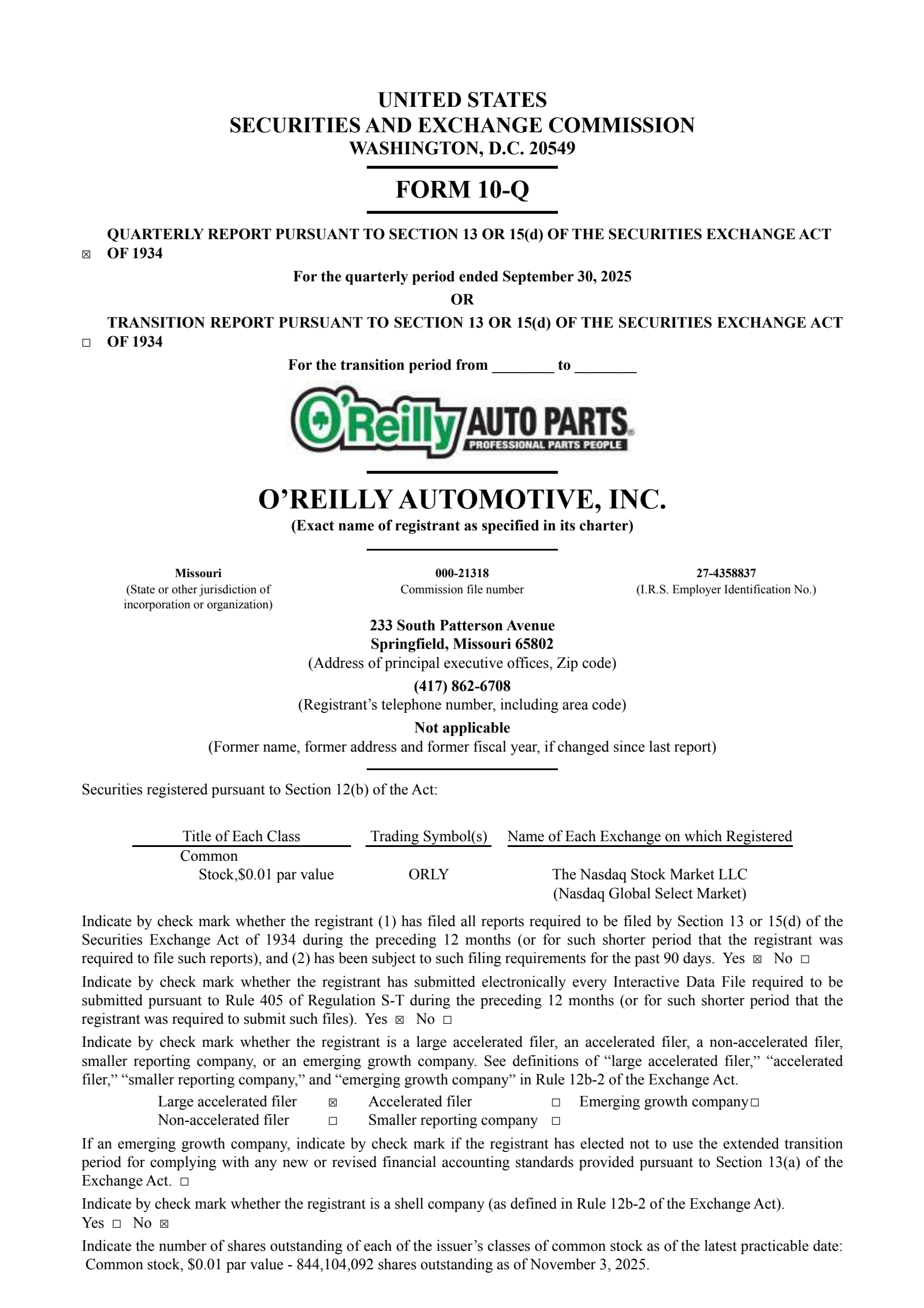 O'Reilly Automotive's Q3 2025 Quarterly Report