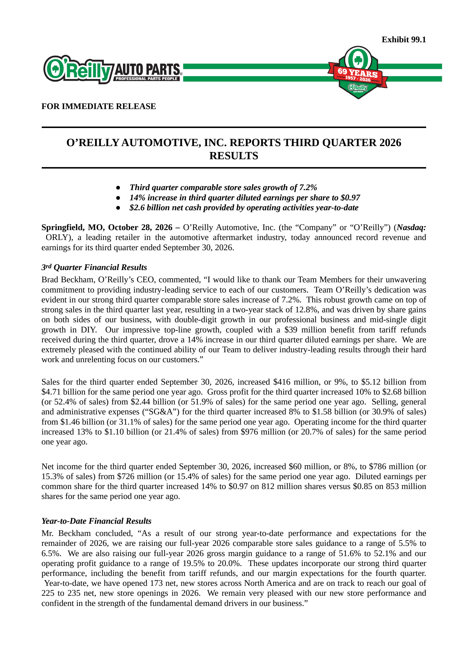 O'Reilly Automotive's Q3 2026 Press Release
