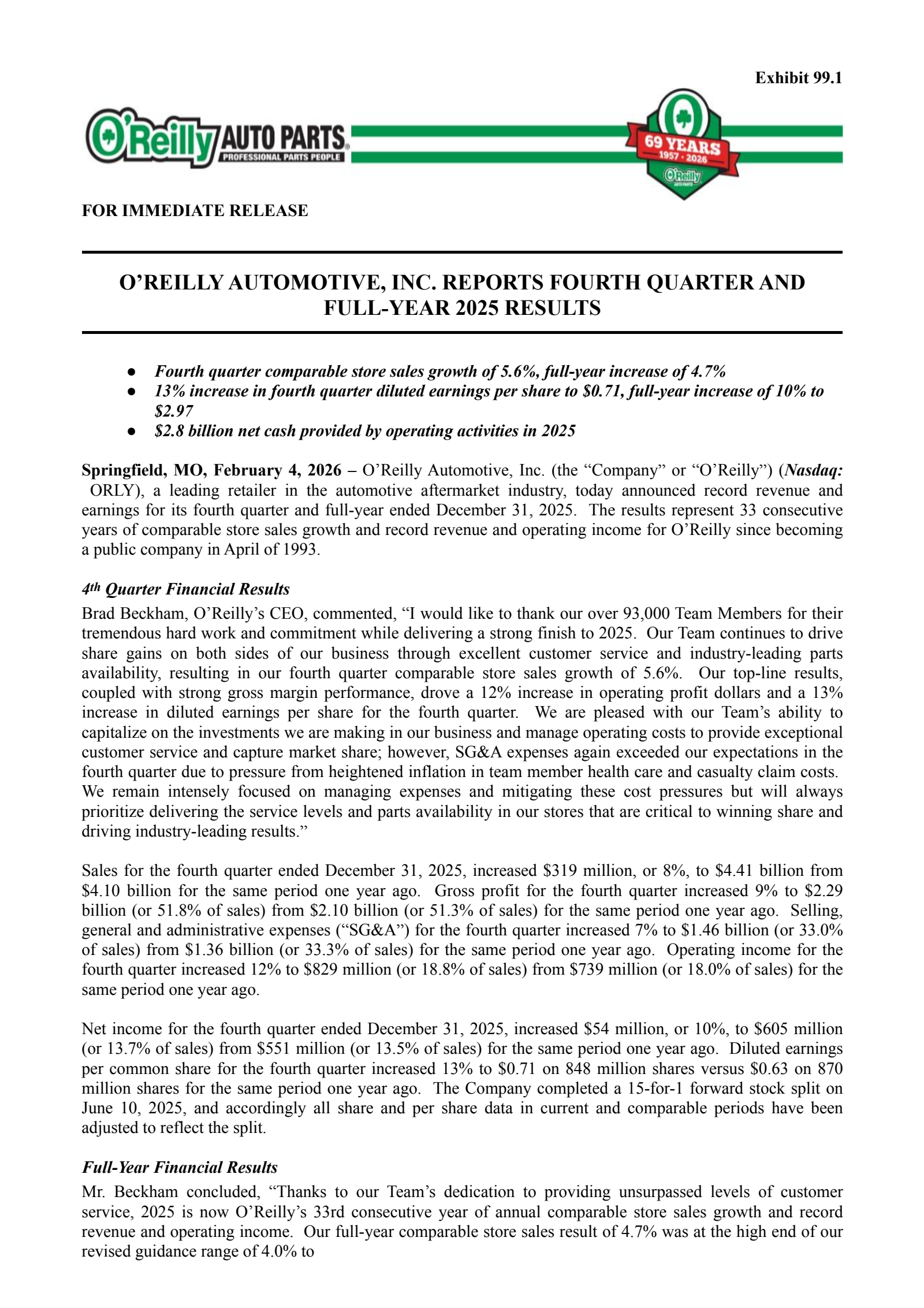 O'Reilly Automotive's Q4 2025 Press Release