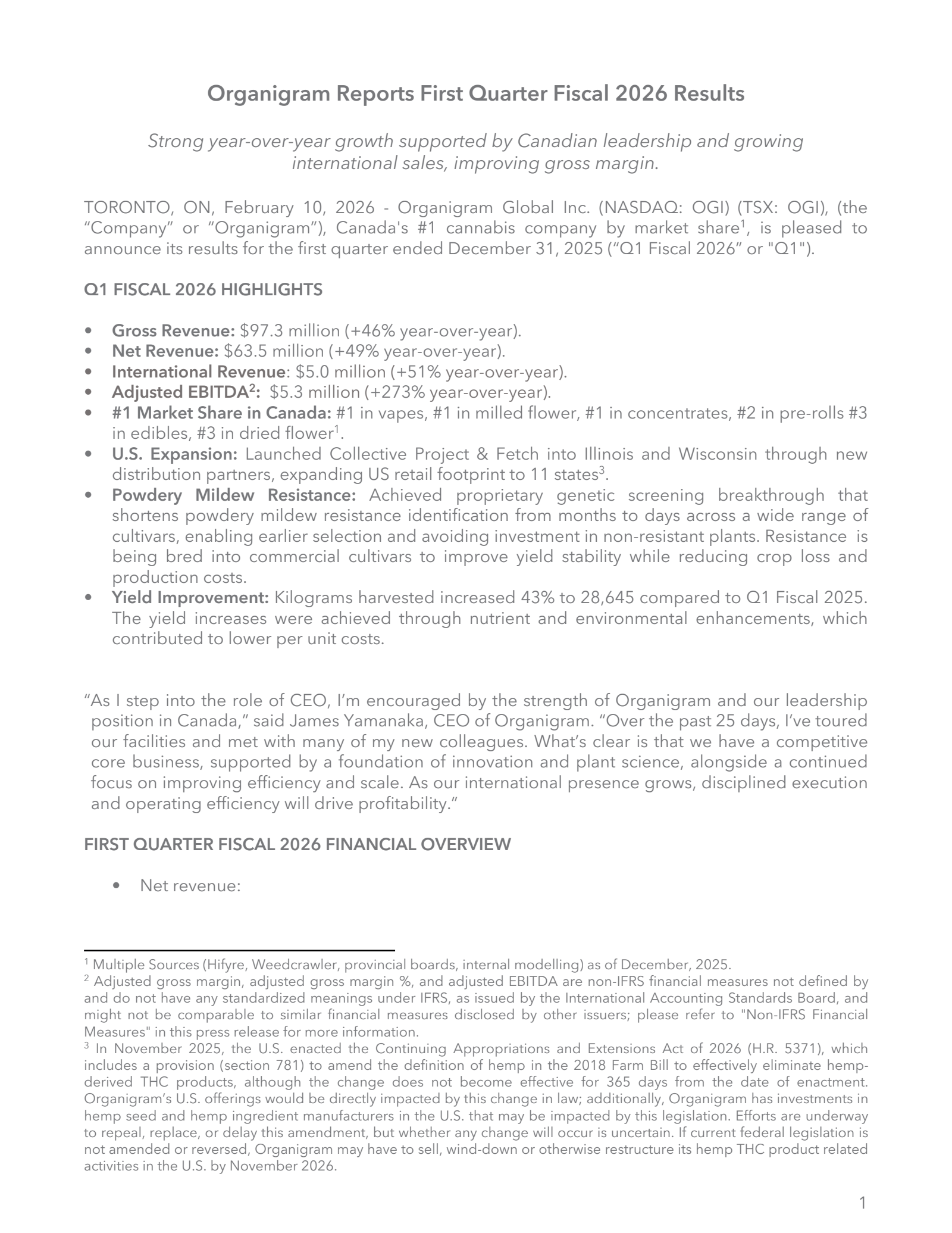 Organigram Global's Q1 2026 Press Release