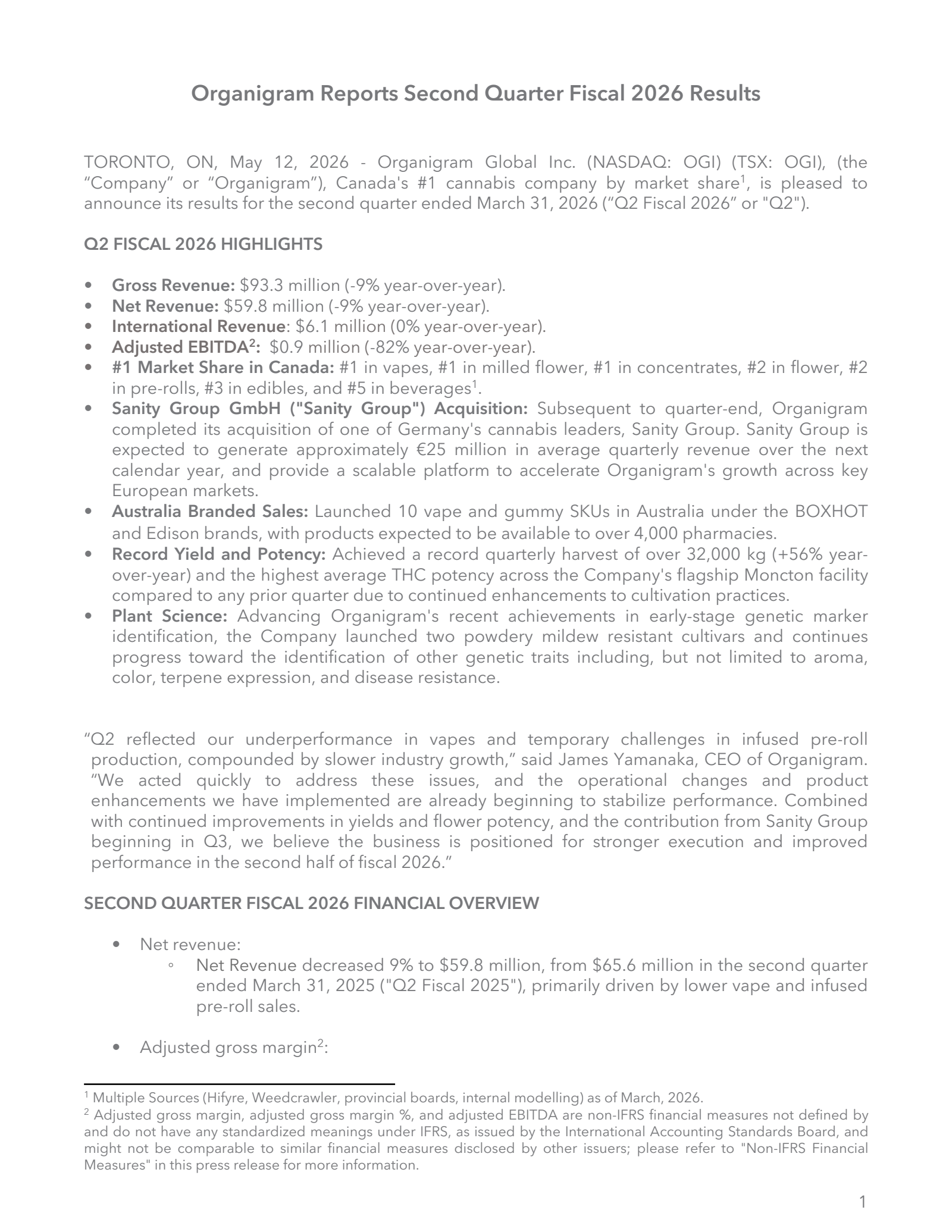 Organigram Global's Q2 2026 Press Release