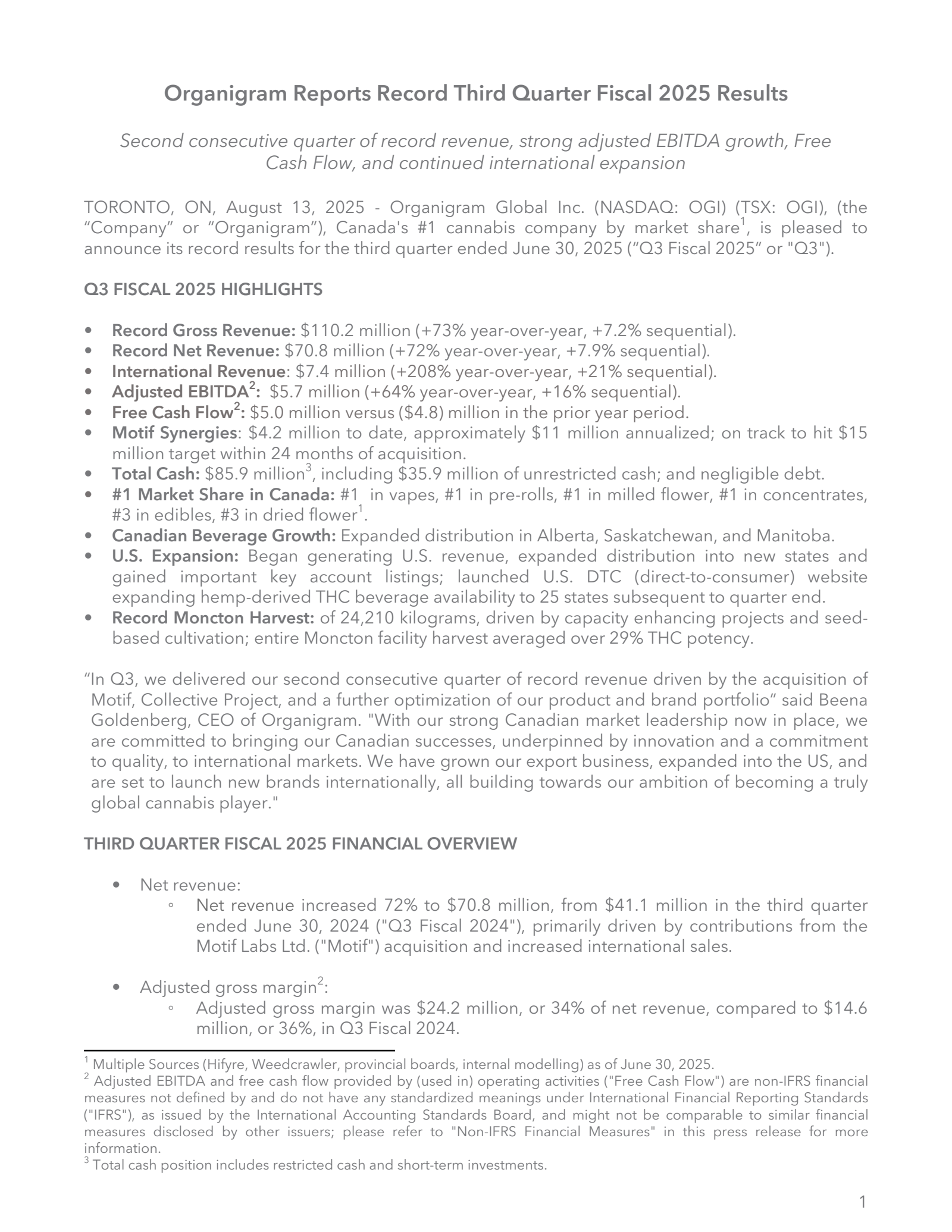 Organigram Global's Q3 2025 Press Release