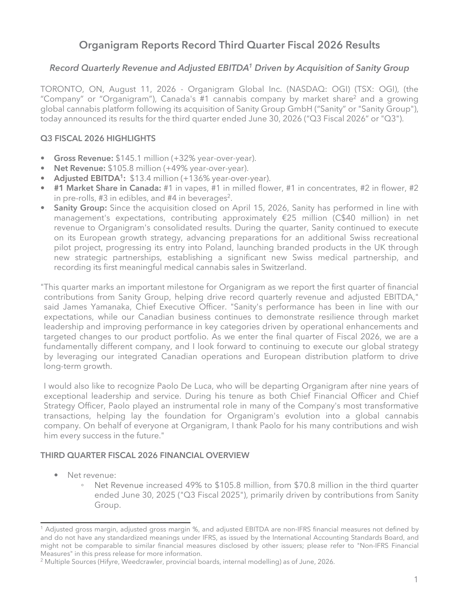 Organigram Global's Q3 2026 Press Release