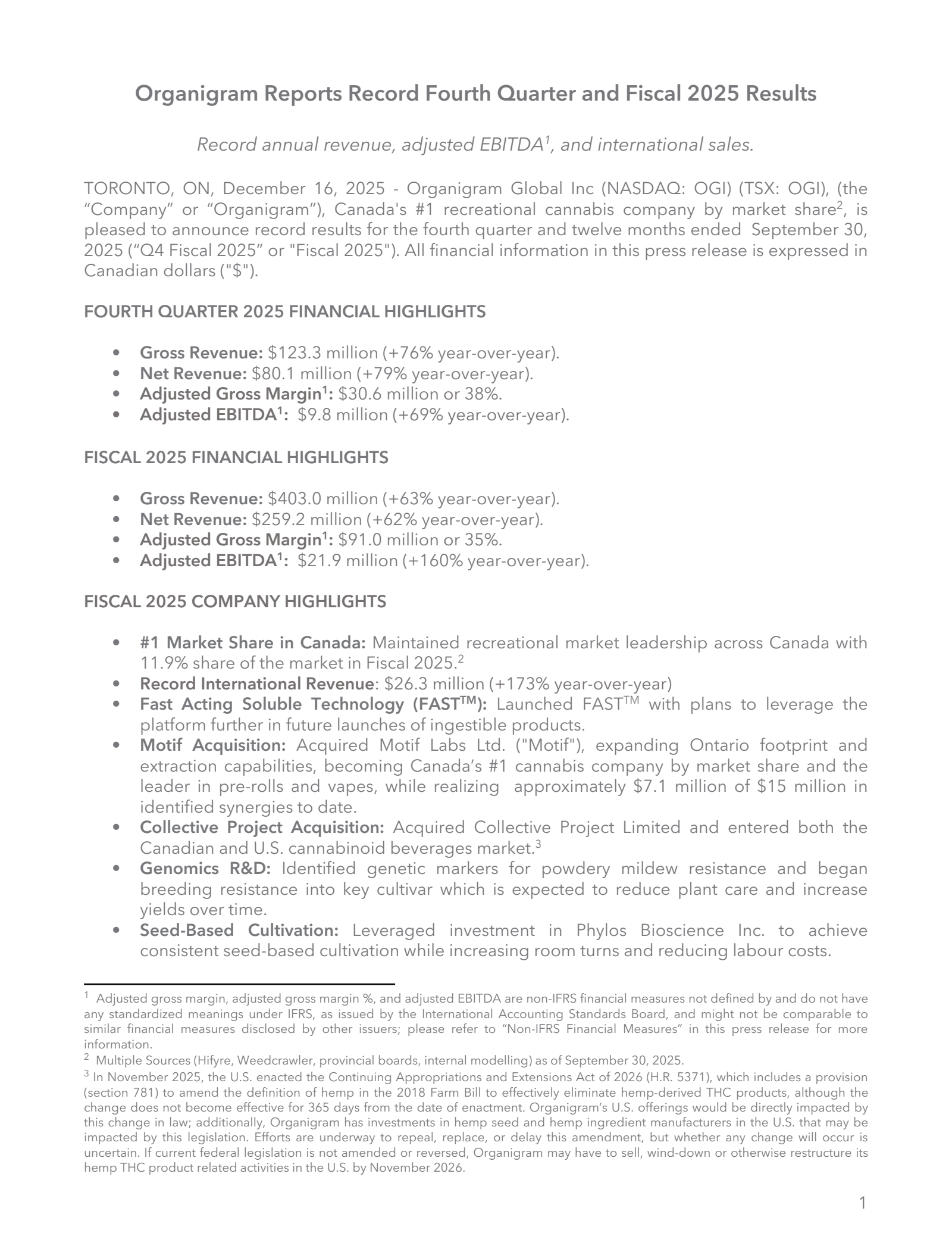 Organigram Global's Q4 2025 Earnings Release