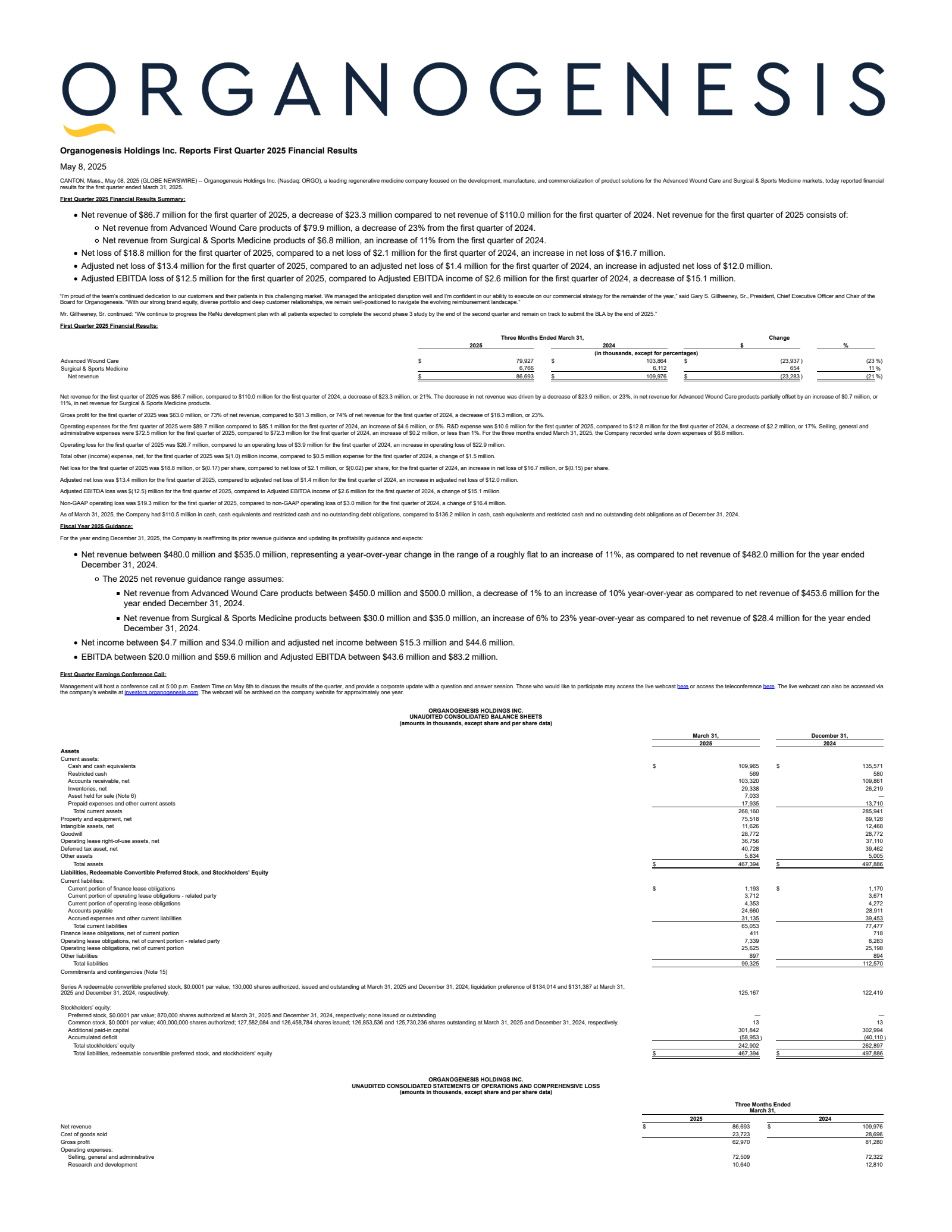 Organogenesis' Q1 2025 Press Release