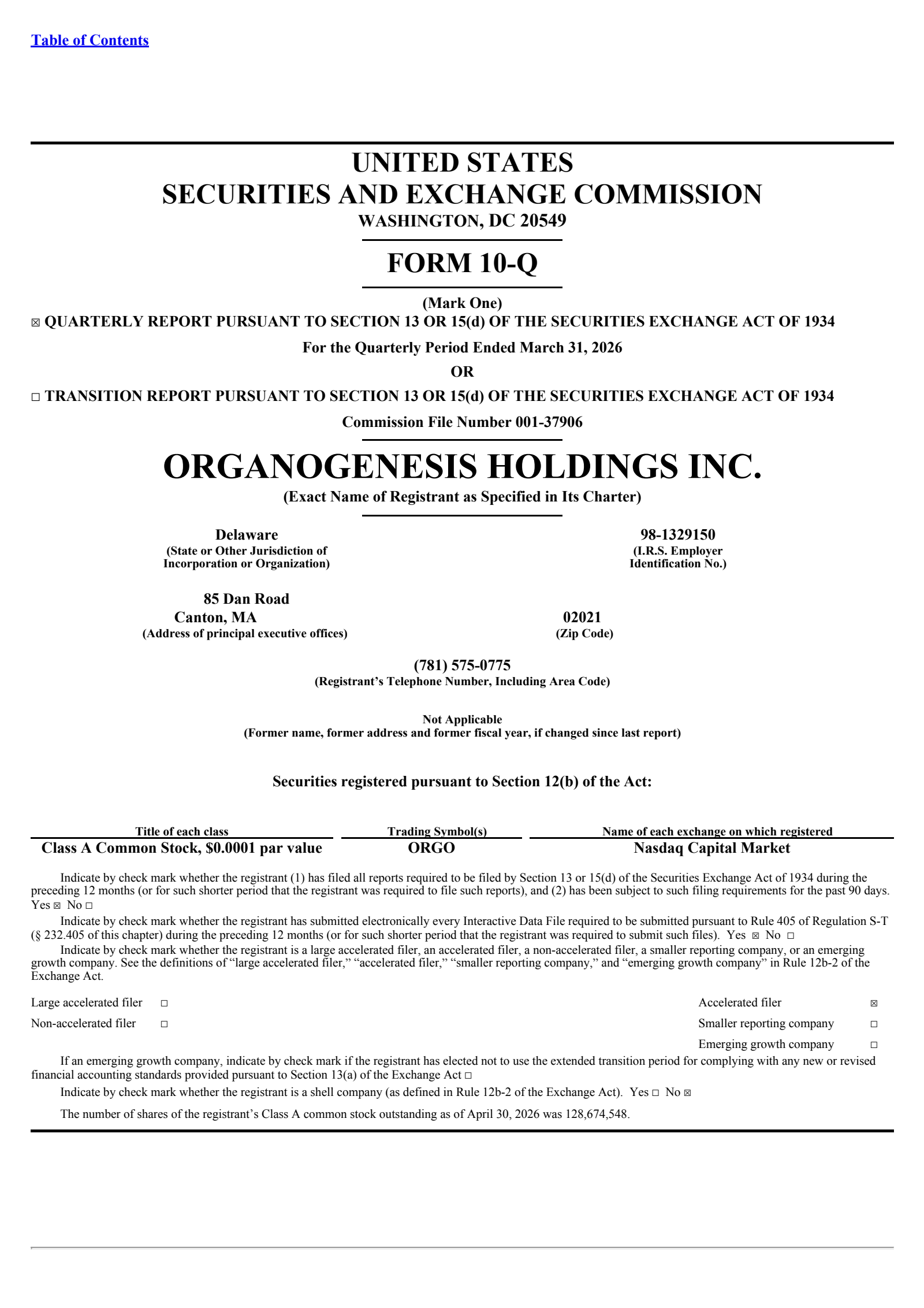 Organogenesis' Q1 2026 Quarterly report