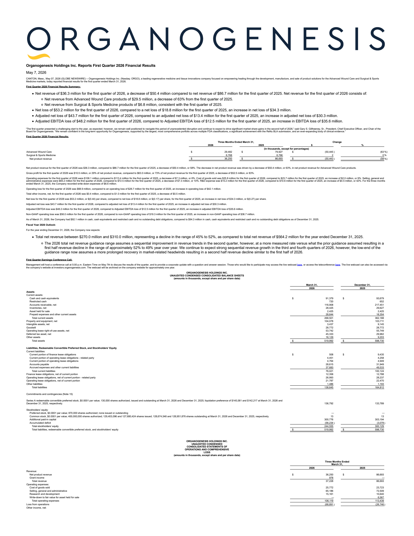 Organogenesis' Q1 2026 Press Release