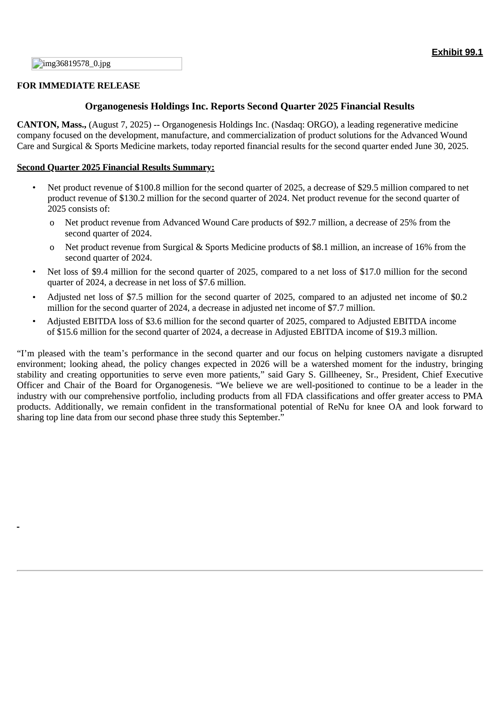 Organogenesis' Q2 2025 Press Release